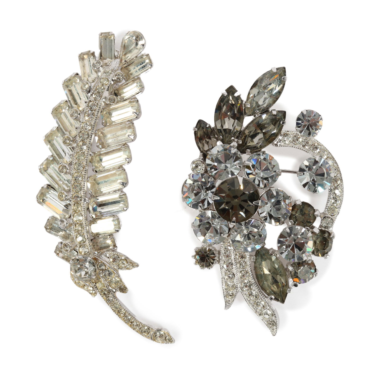 Eisenberg Ice 2pc. group of diamante floral spray brooches, plume and smokey quartz flower. 3"H x (1 of 8)