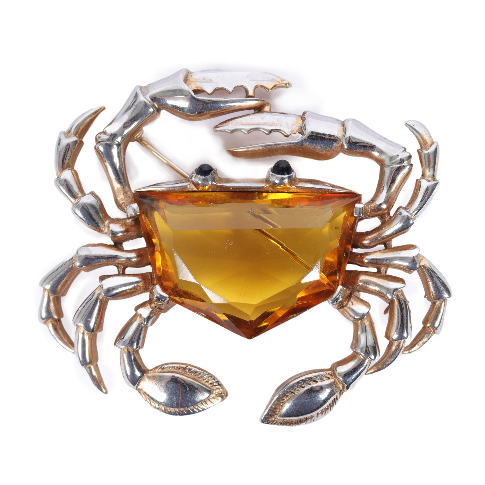 Joseph Mazer crab pin brooch with gold wash, blue cabochon eyes and citrine pentagon crystal jewel: Joseph Mazer crab pin brooch with gold wash, blue cabochon eyes and citrine pentagon crystal jewel belly. Provenance: From the collection of Cheryl Killmer. 2"H x 2"W