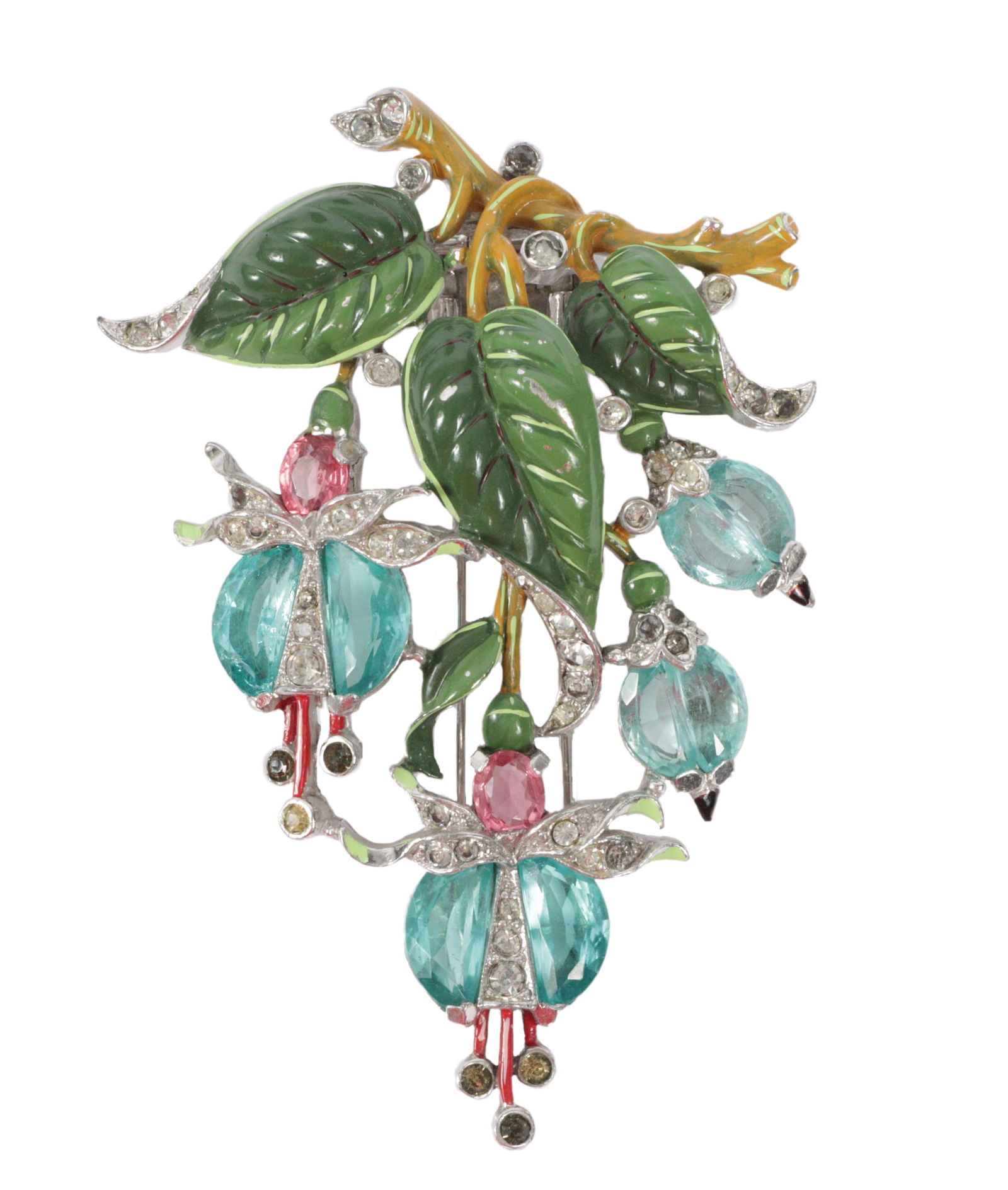Trifari 'Alfred Philippe' demilune fuchsia flowering branch pin clip with aquamarine crystal jewels, (1 of 7)