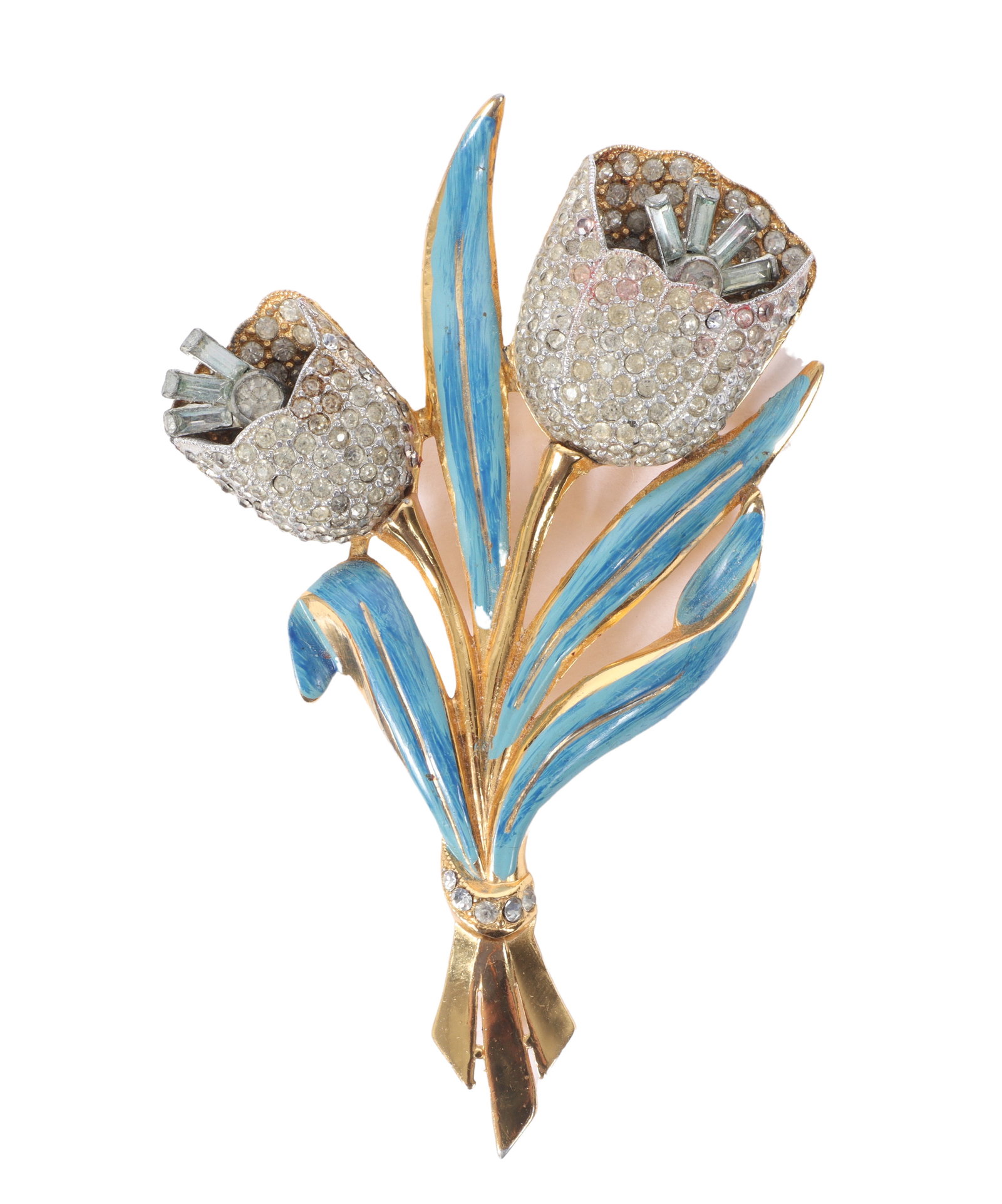 Coro double tulip flower trembler brooch with pave rhinestones, gold wash, and blue enamel.,: Coro double tulip flower trembler brooch with pave rhinestones, gold wash, and blue enamel. Provenance: From the collection of Cheryl Killmer. 3 3/4"H x 2 3/8"W