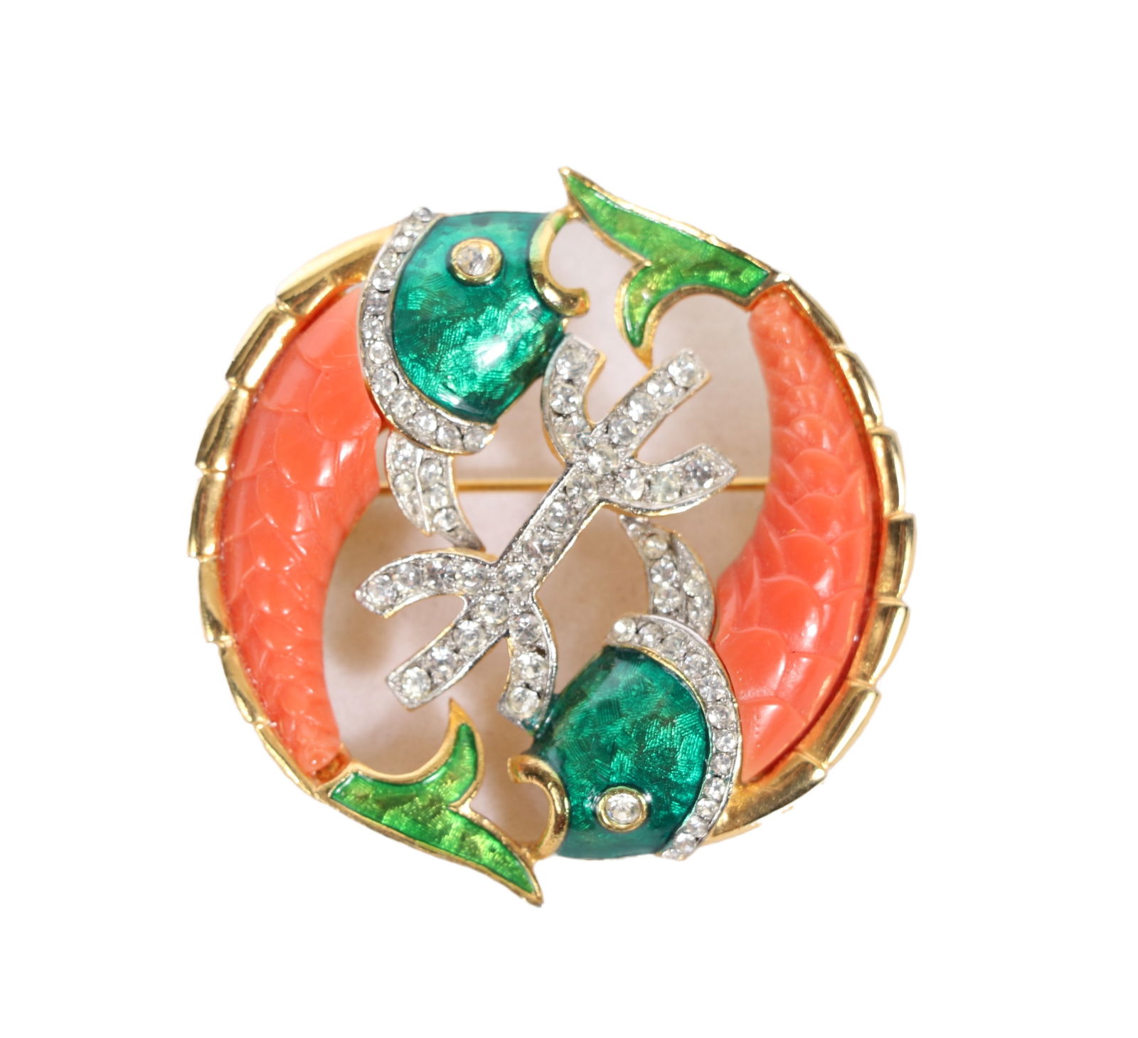 DeNicola Zodiac Pisces Star Sign 1969 gilt fishes brooch with metallic enamel, molded faux coral, (1 of 4)