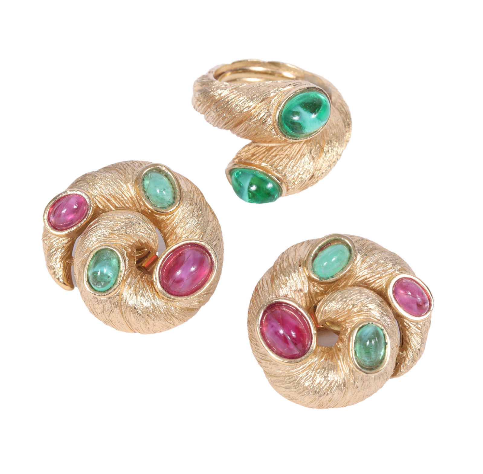 Crown Trifari Moghul Jewels of India coil bypass ring and earrings with green and red Gripoix glass: Crown Trifari Moghul Jewels of India coil bypass ring and earrings with green and red Gripoix glass cabochons Provenance: From the collection of Cheryl Killmer. Size 5 (ring)