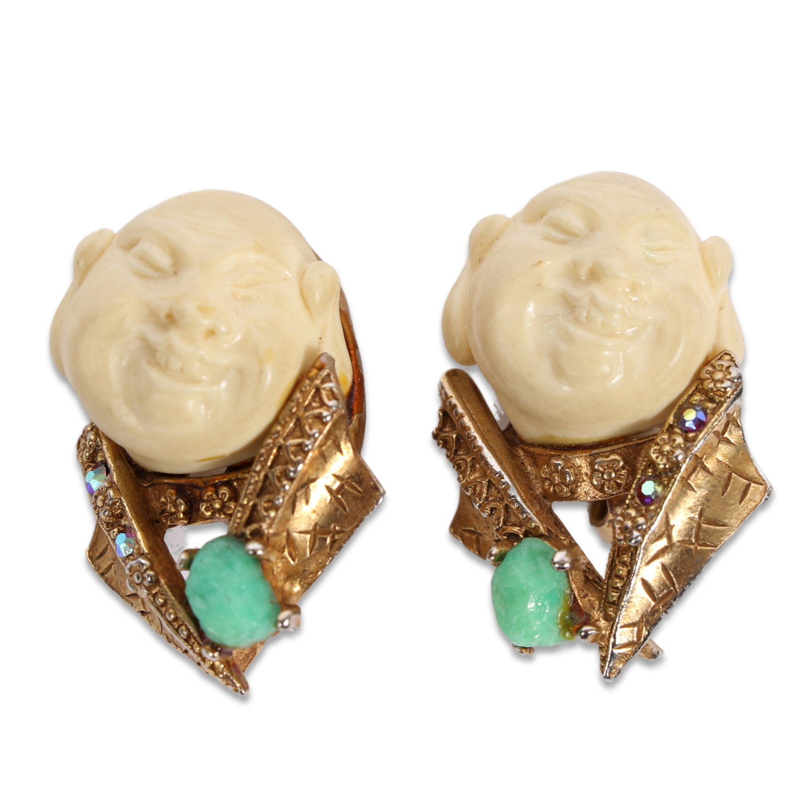 HAR laughing Buddha figural earrings with jade glass cabochon jewels., Provenance: From the (1 of 5)