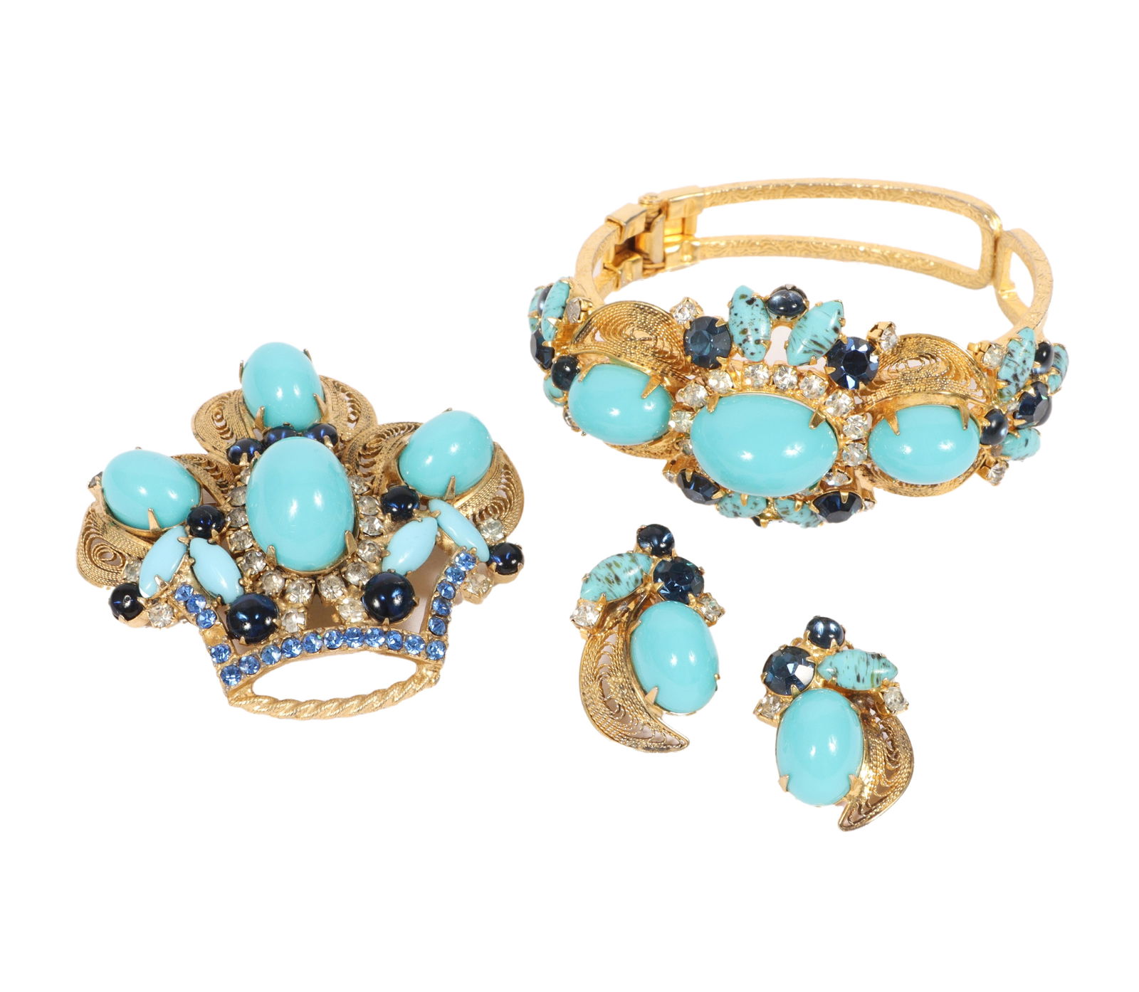DeLizza & Elster Juliana 3pc group: turquoise glass cabochon and filigree crown brooch with matching (1 of 11)