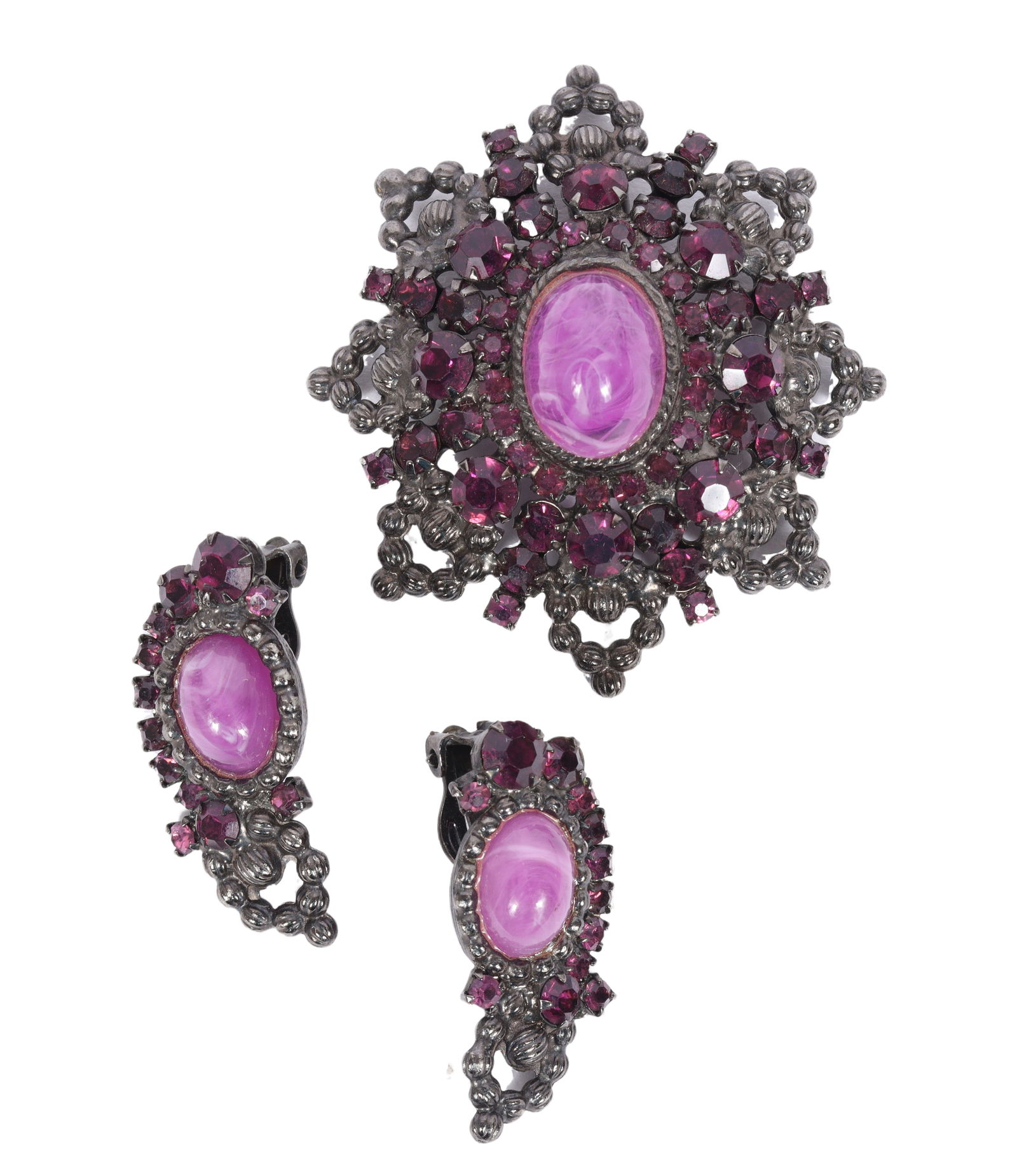 Matching brooch and earrings with large swirled glass purple cabochons. (1 of 6)