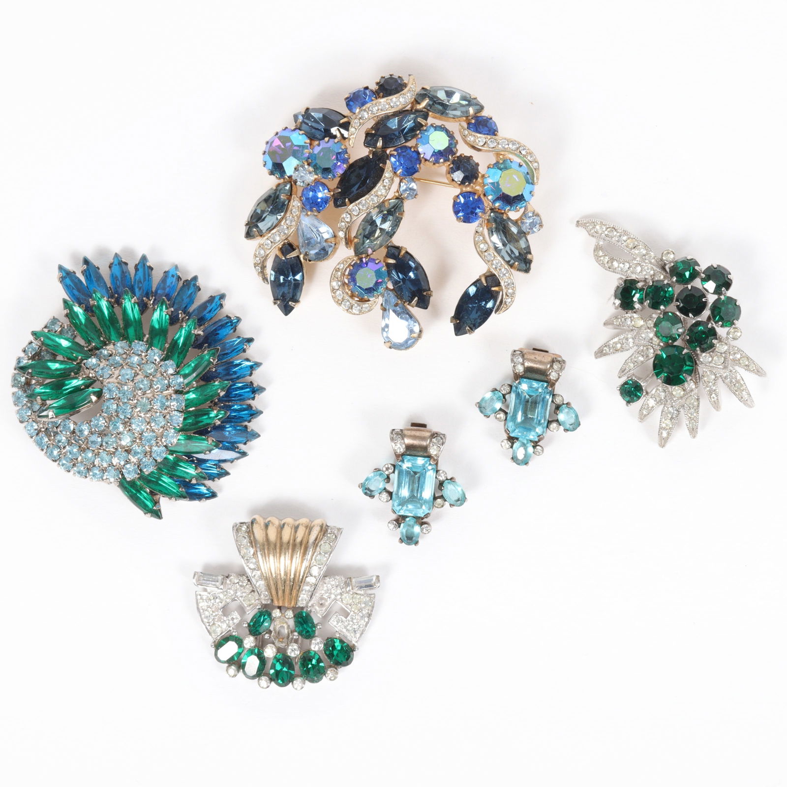 Vintage jewelry 5pc. group of Eisenberg emerald rhinestone brooch, sterling silver earrings, vintage (1 of 15)