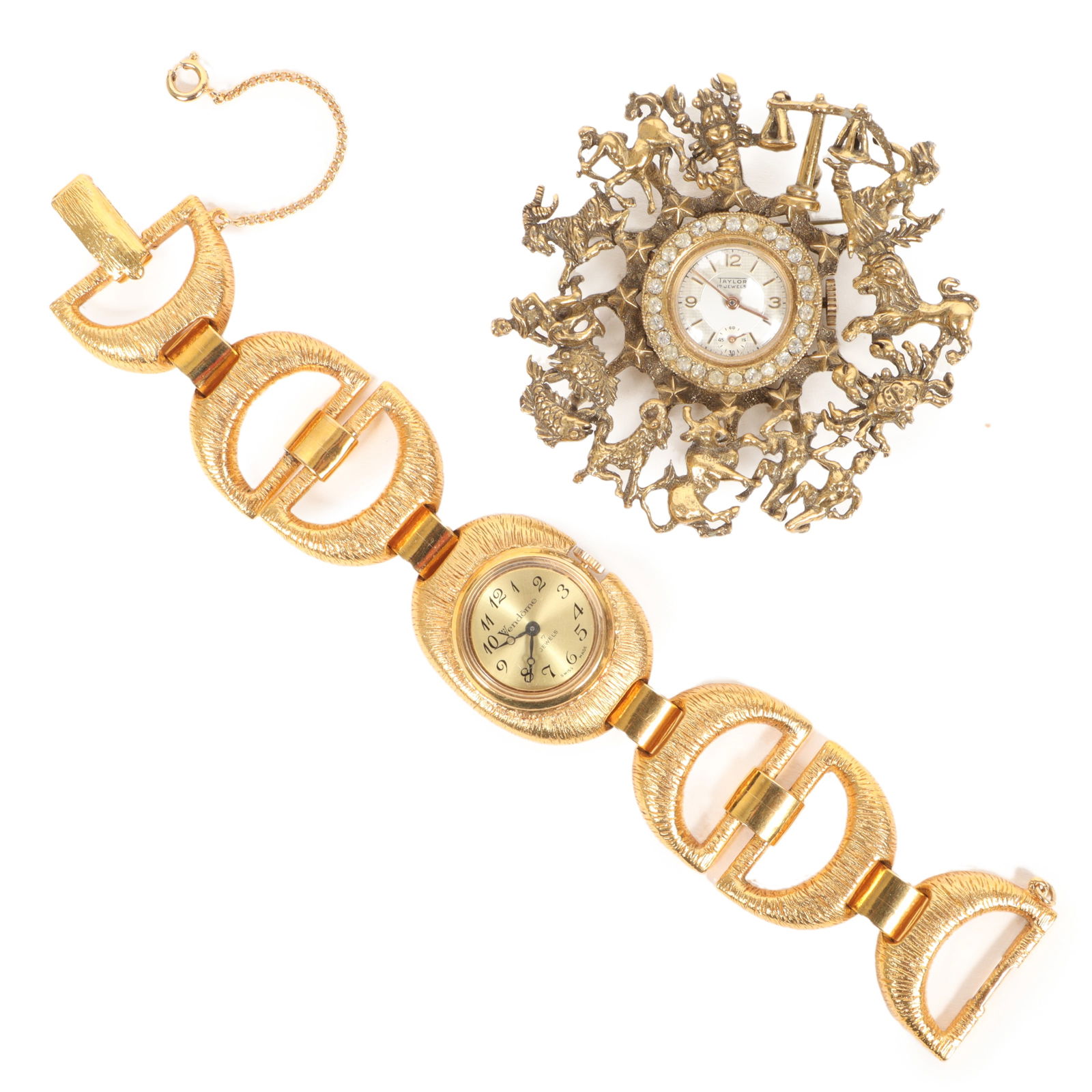 Vendome 7 Jewels Watch Bracelet With Taylor Zodiac 17 Jewels Clock Brooch