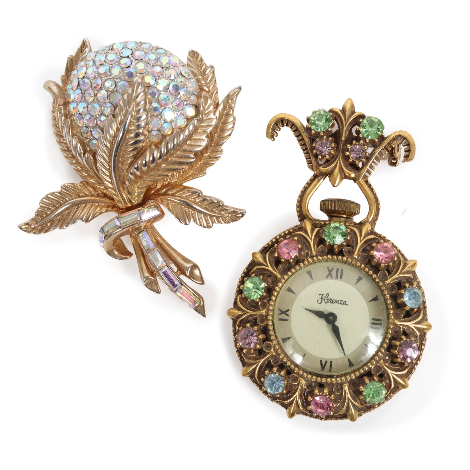 Coro secret clock brooch with Florenza multicolor rhinestone clock brooch. (1 of 11)