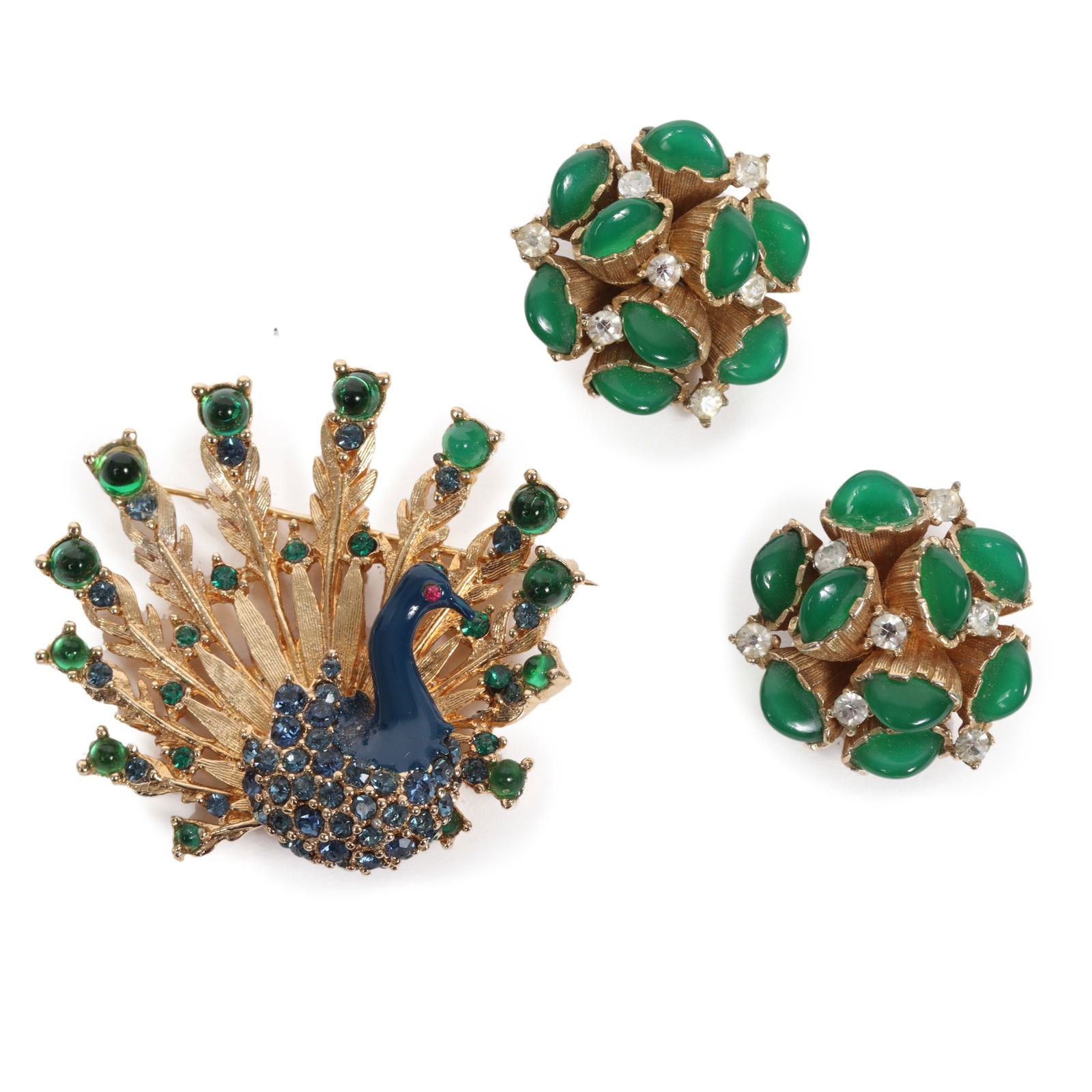 Boucher green glass earrings and unsigned Boucher? peacock. (1 of 8)