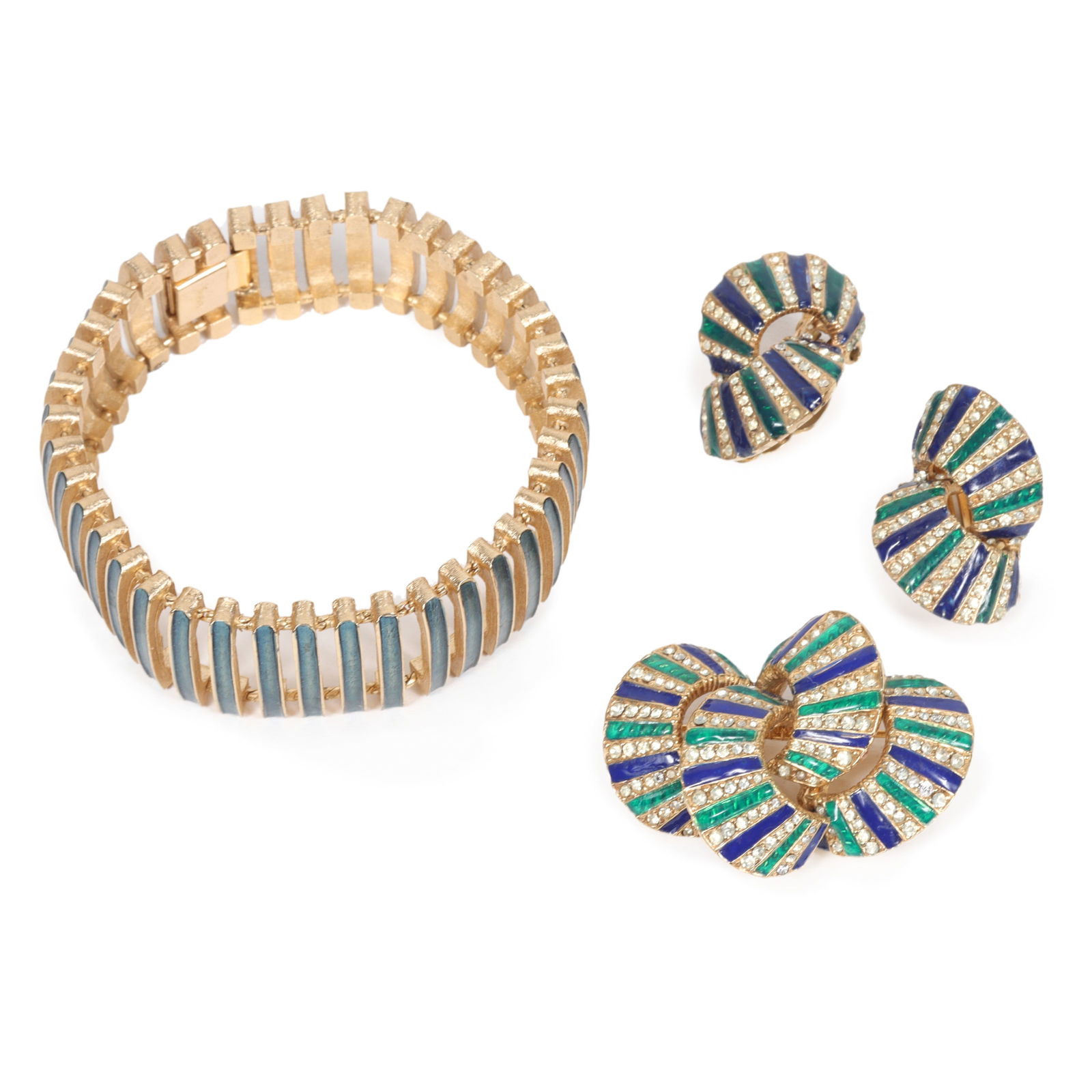 Ciner striped enamel and rhinestone matching brooch and earrings with Crown Trifari enamel bracelet (1 of 14)