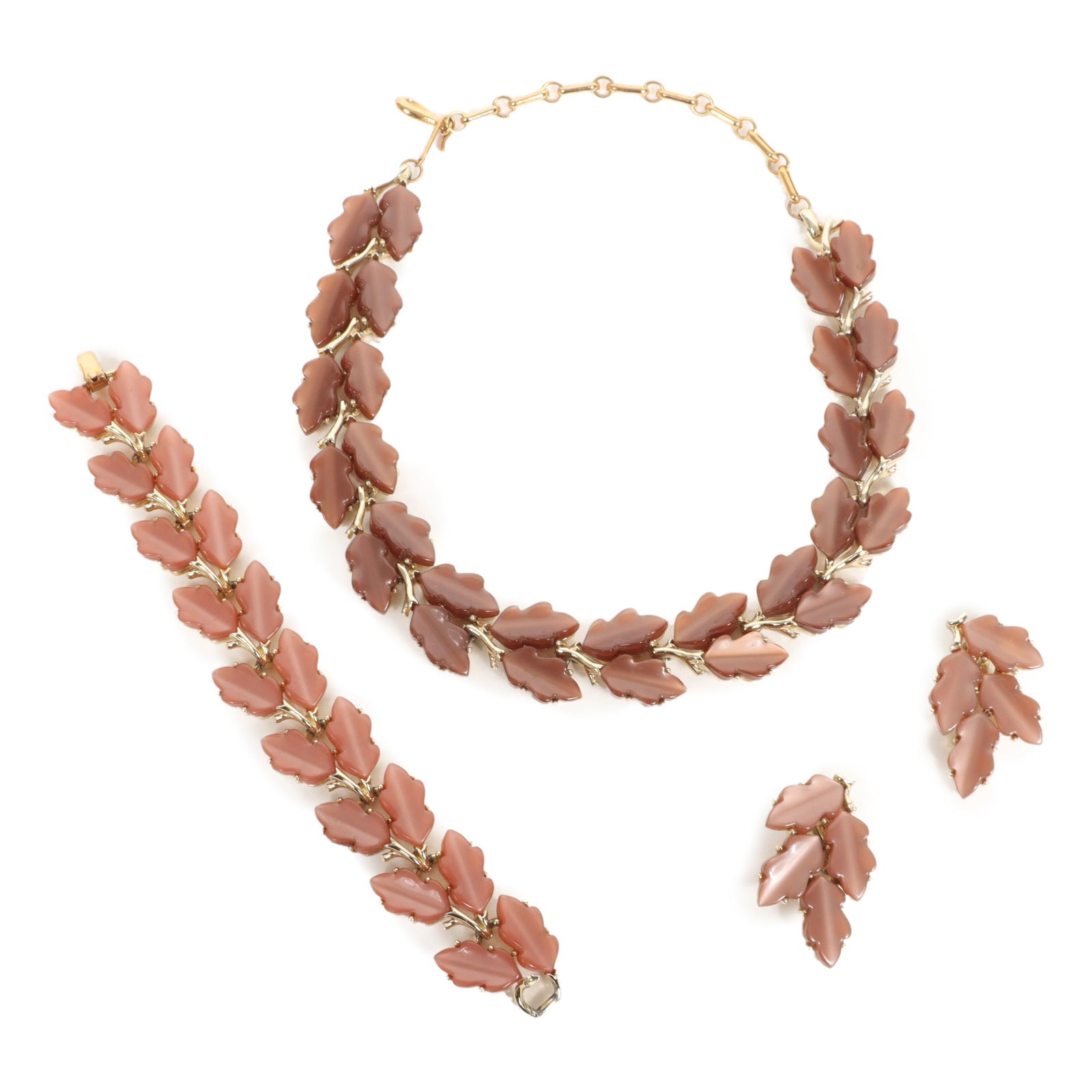 Lisner vintage mauve thermoset plastic leaf necklace, bracelet, and earrings. (1 of 13)