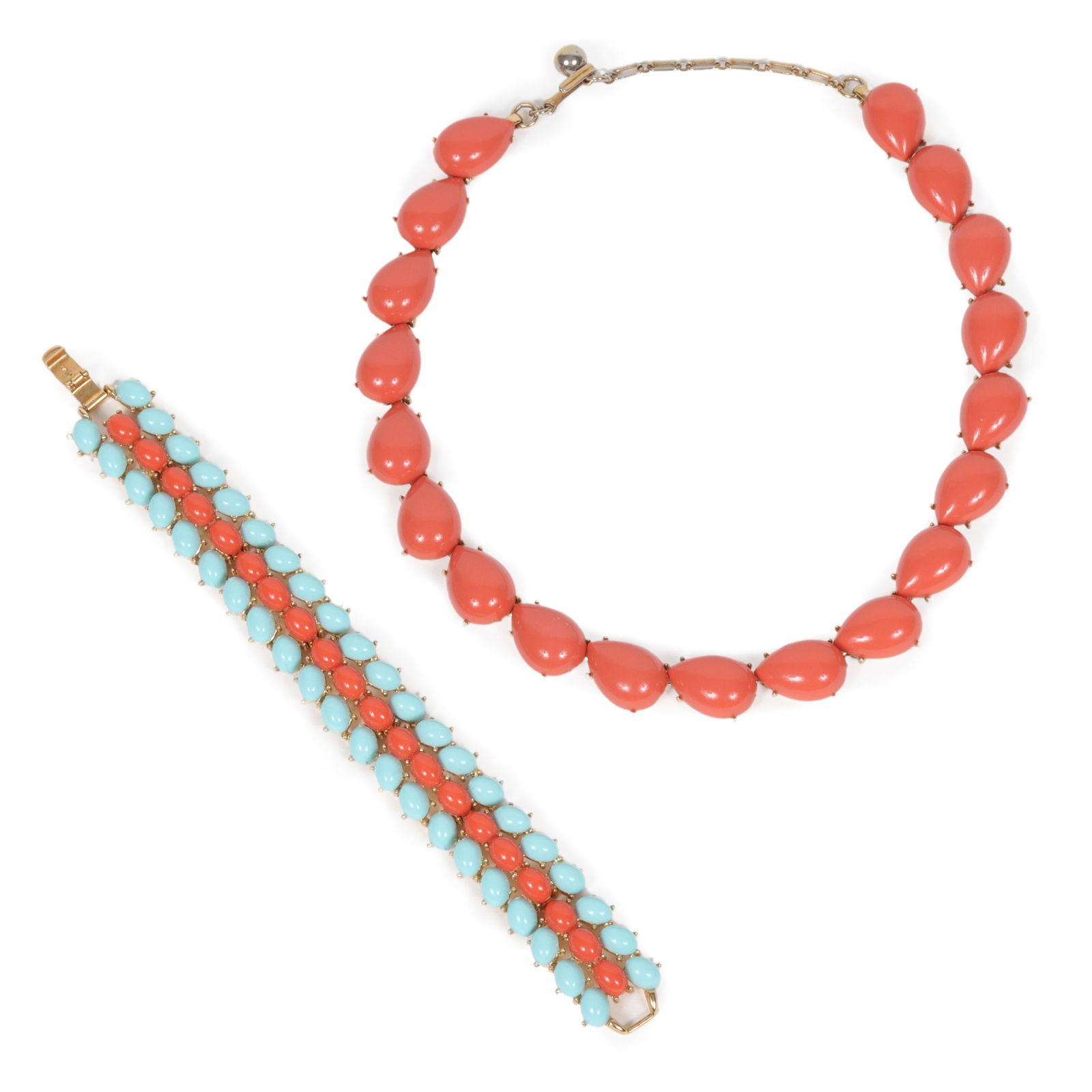 Crown Trifari set of coral colored glass necklace with coral and turquoise colored glass bracelet. (1 of 9)