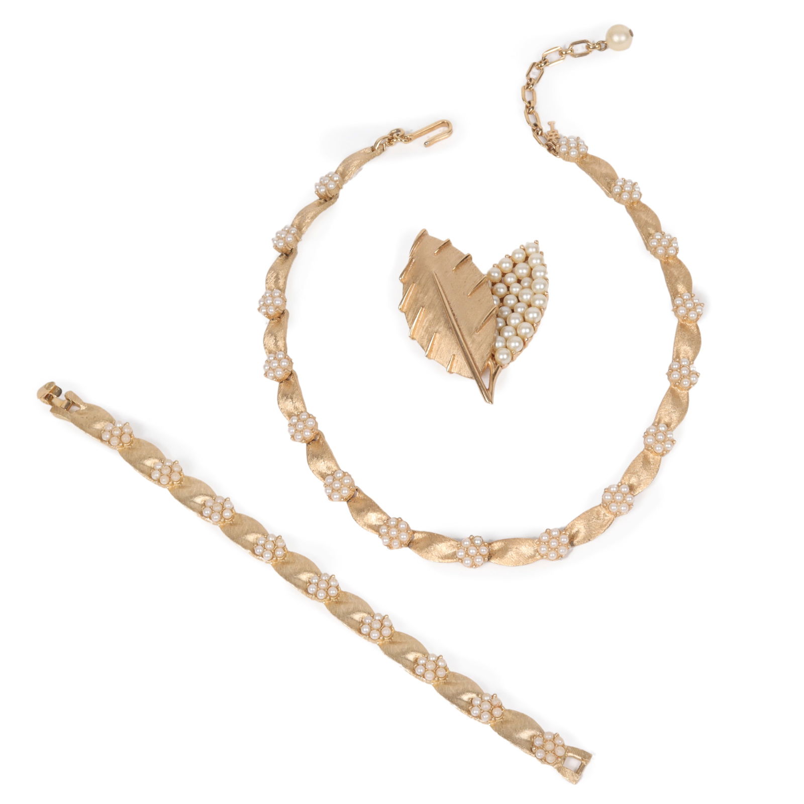 Crown Trifari brushed gold 3pc group with matching necklace and bracelet, and complimentary brooch. (1 of 14)