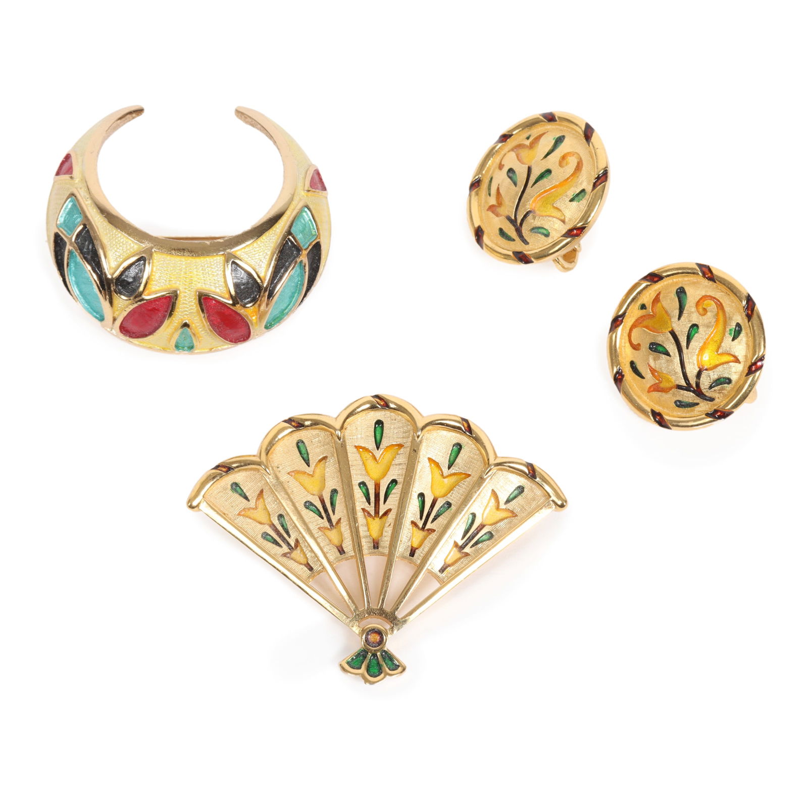 Vintage enamel jewelry 3pc group: Crown Trifari L'Orient fan brooch and matching earrings with Hobe (1 of 11)