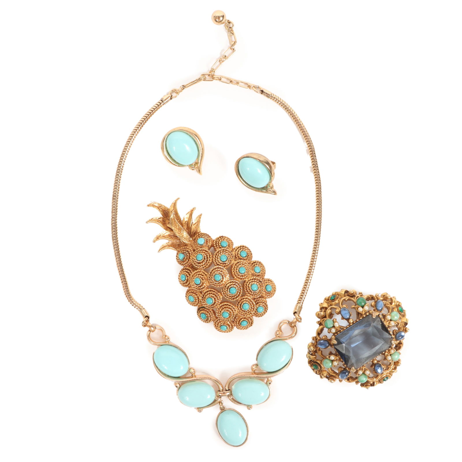 Vintage jewelry 4pc group: Trifari necklace and matching earrings, Har pineapple brooch, and (1 of 13)