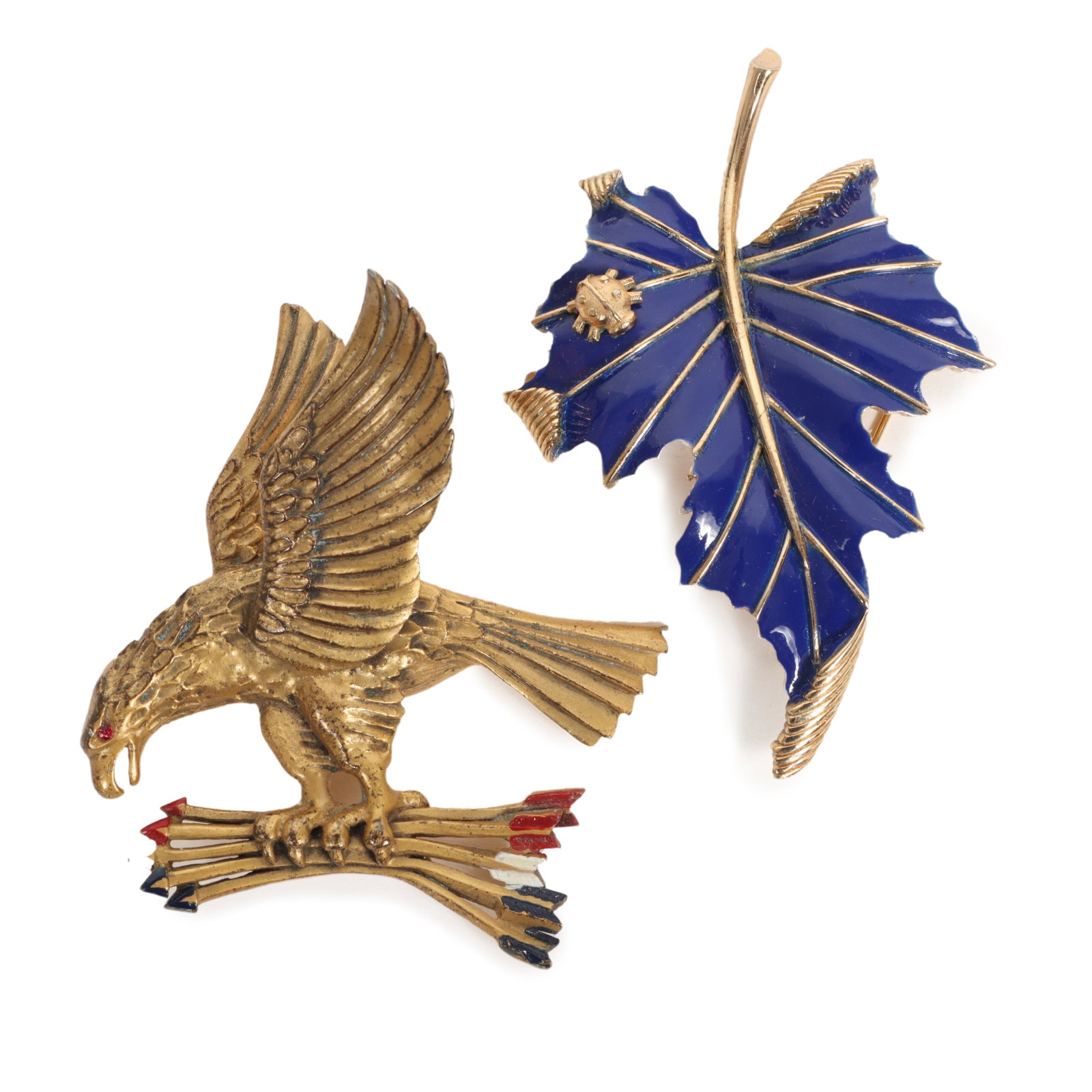 Crown Trifari enamel leaf and bug brooch with unsigned dimensional eagle brooch.: Crown Trifari enamel leaf and bug brooch with unsigned dimensional eagle brooch. Provenance: From the collection of Cheryl Killmer. 3 1/4"H x 2 1/8"W (leaf brooch)