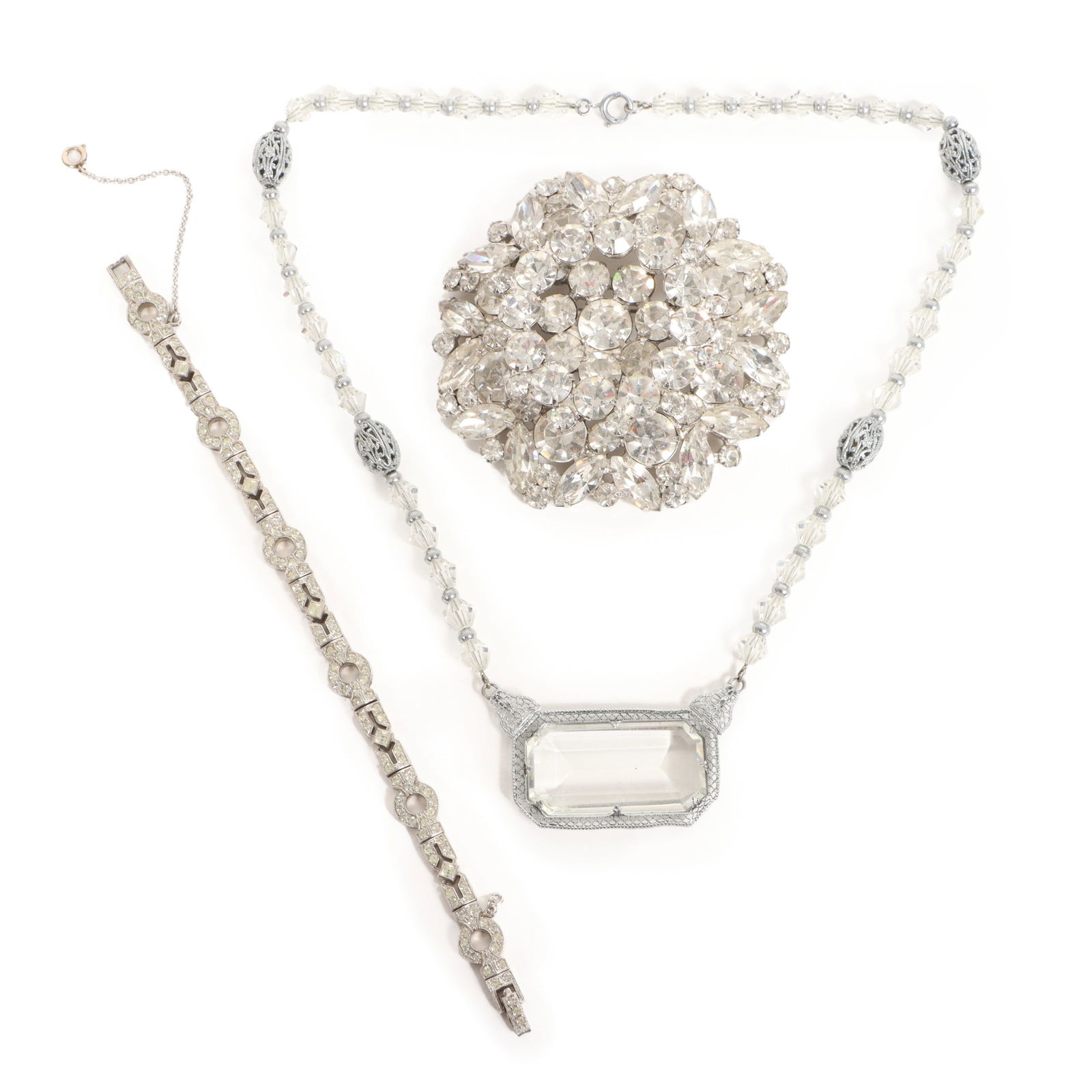 Art Deco group with Engel Brothers bracelet, clear Czech glass necklace, and large dimensional (1 of 13)