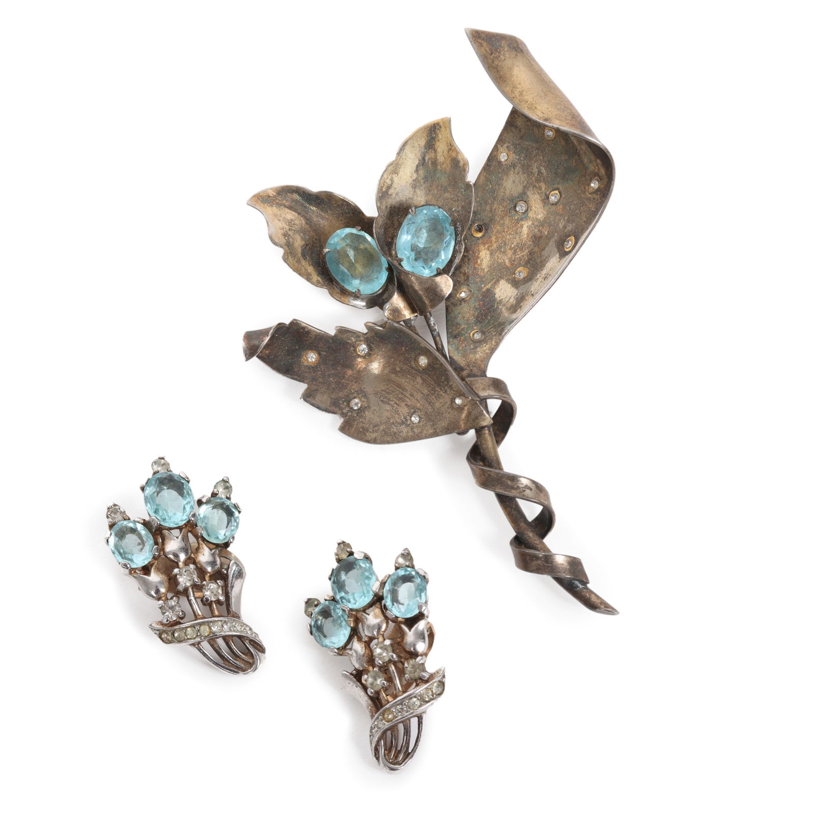 Sterling silver rhinestone brooch signed Jolle with sterling rhinestone Crown Trifari earrings. (1 of 9)