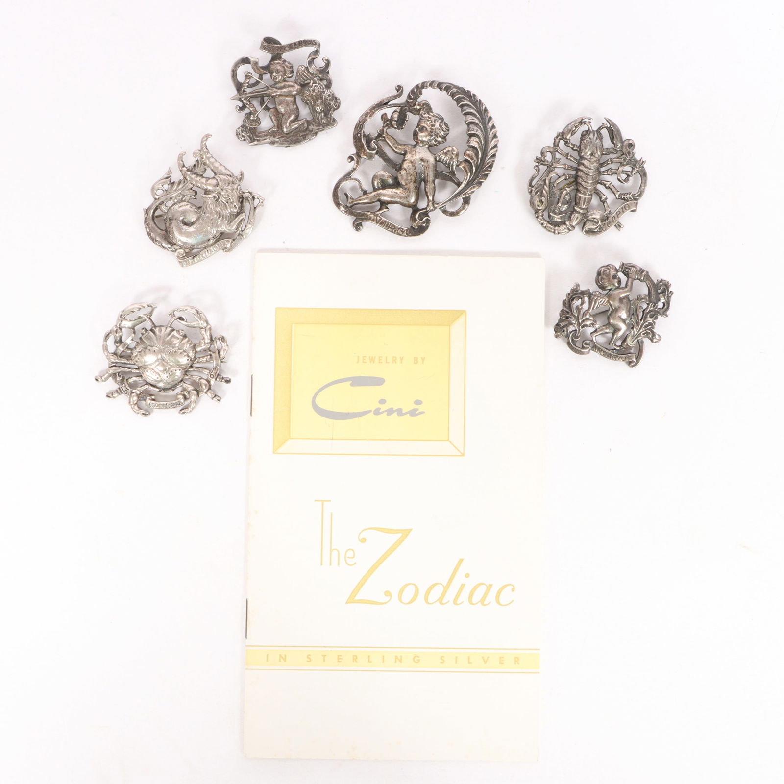 Guglielmo Cini 6pc Group of Sterling Silver Zodiac Astrology Brooches Including Cancer, Scorpio, (1 of 10)