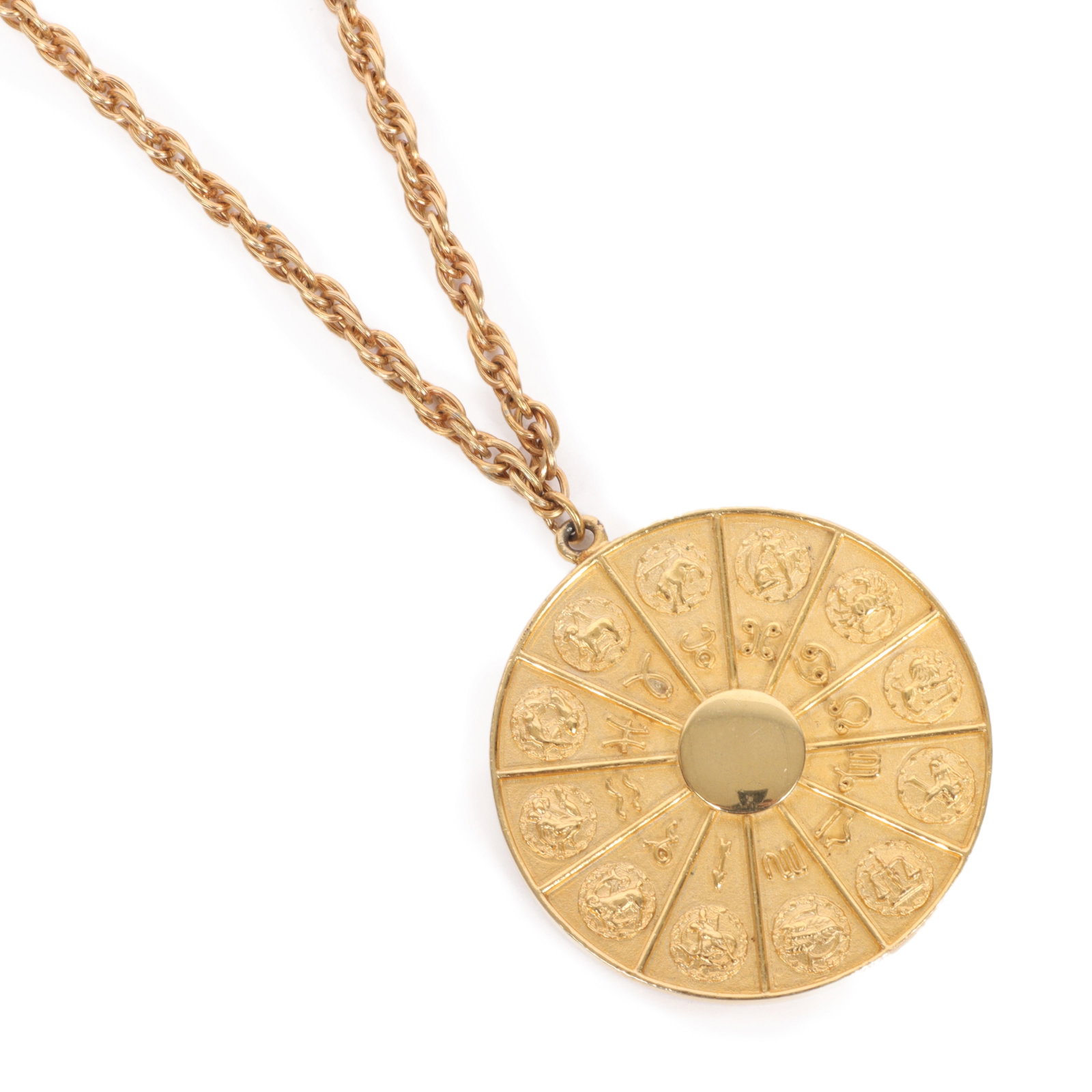 Napier zodiac wheel pendant necklace.: Napier zodiac wheel pendant necklace. Provenance: From the collection of Cheryl Killmer. 20"L x 2 1/2"D