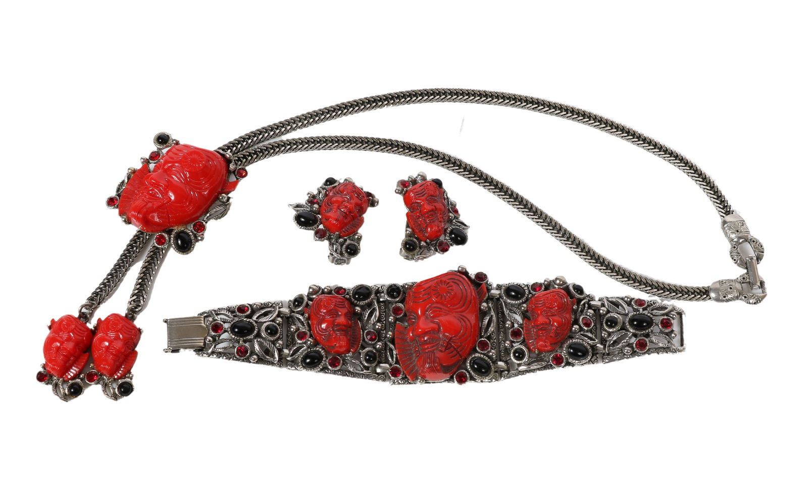 Selro Selini filigree red Turq Noh Asian Face Mask bolo necklace, bracelet, and earrings set with (1 of 8)