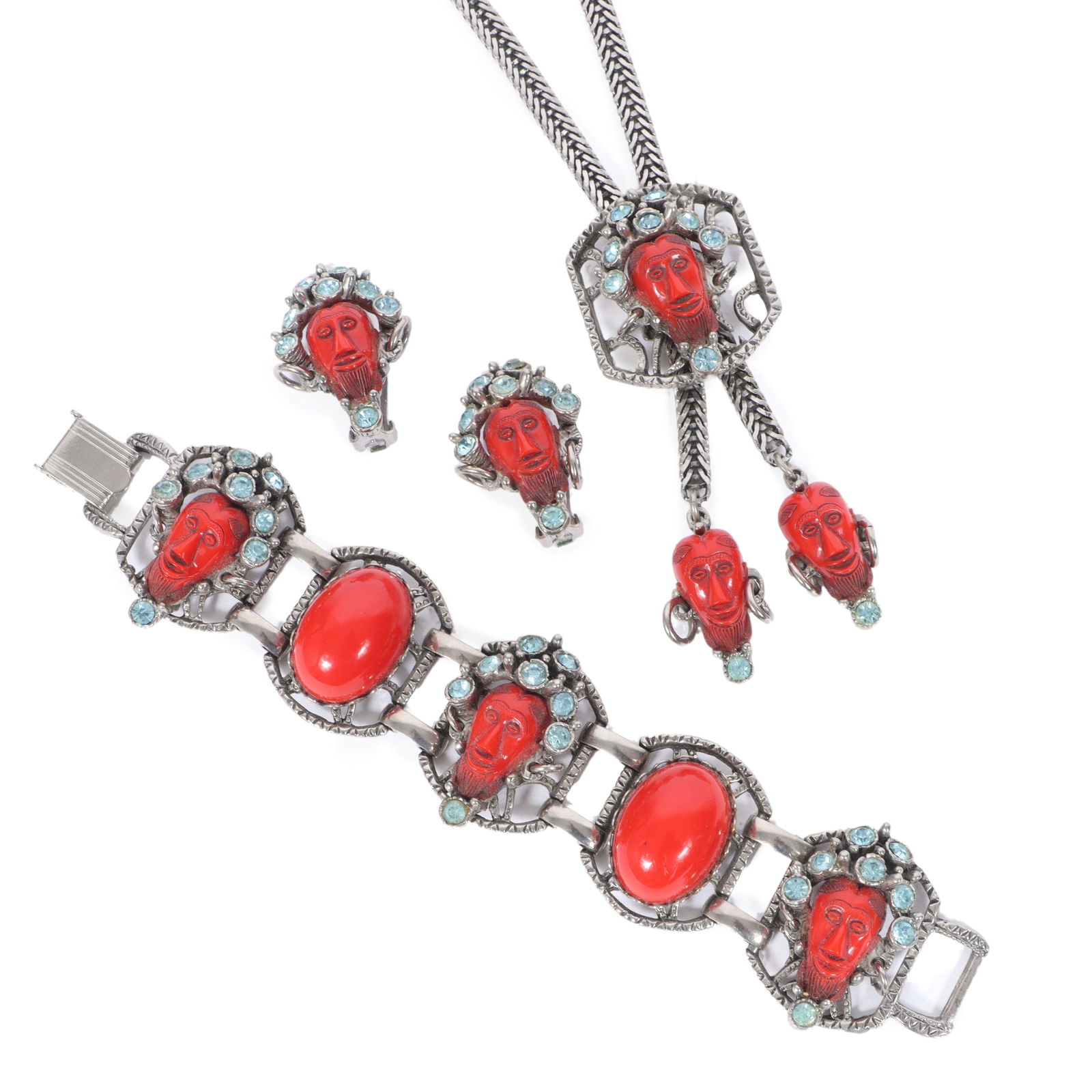 Selro Selini? figural mask matching bolo necklace, panel bracelet, and earringsProvenance: From the (1 of 8)