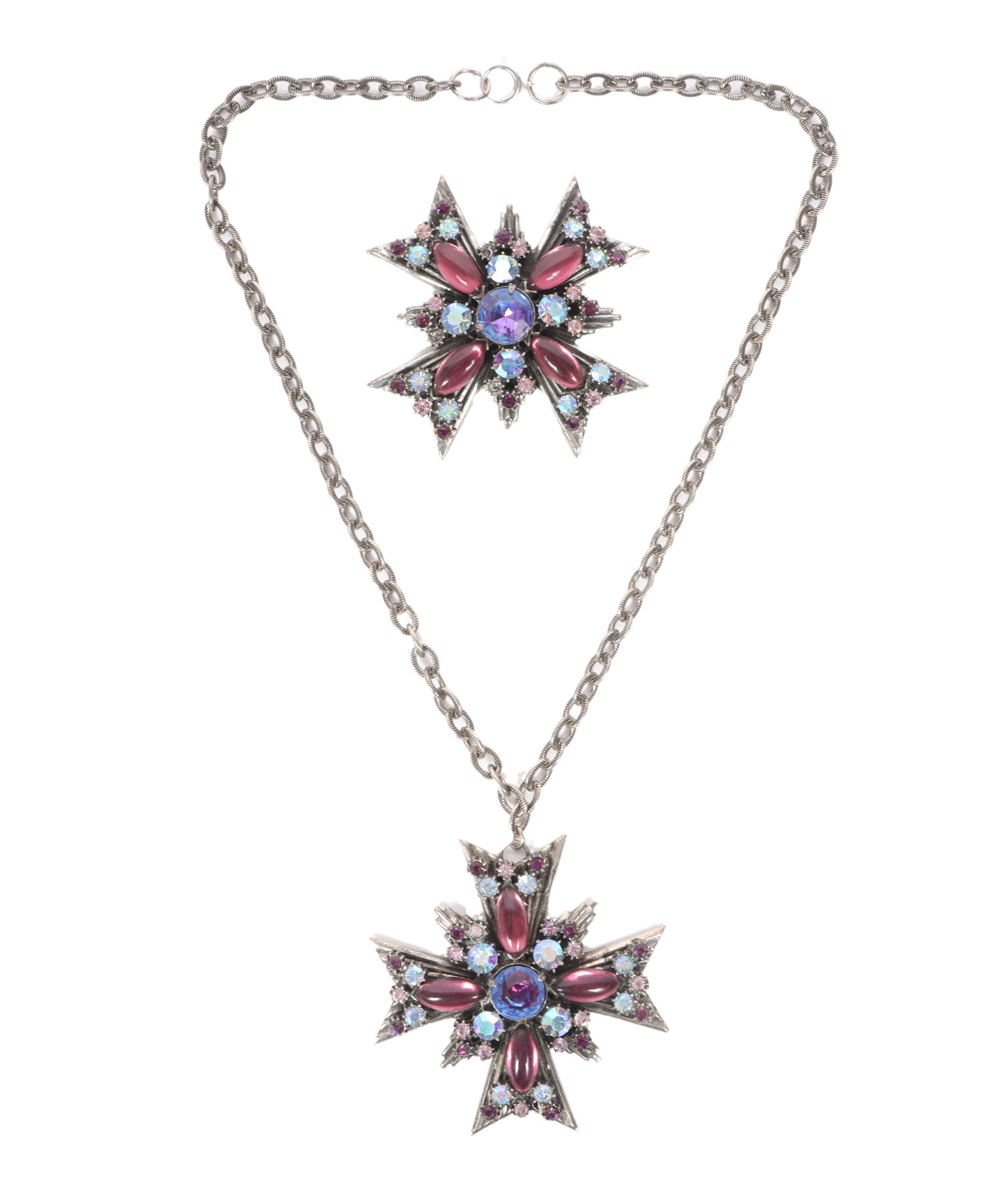 Florenza Maltese cross pendant necklace with matching brooch: Florenza Maltese cross pendant necklace with matching brooch Provenance: From the collection of Cheryl Killmer. 18 1/2"L x 2 3/4"Drop (necklace)
