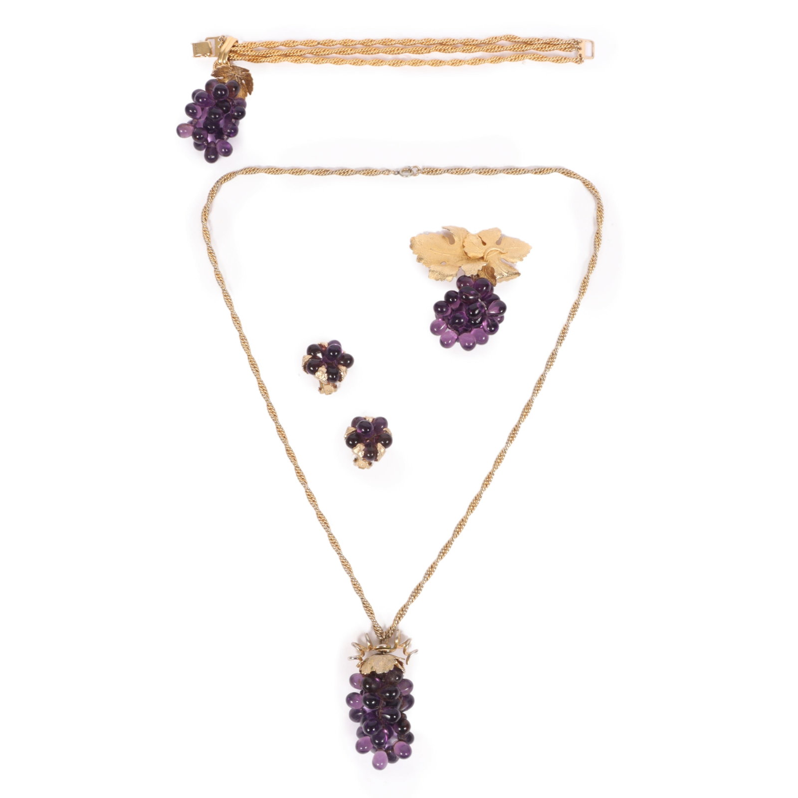 Napier glass grape set of necklace, bracelet, brooch and earrings.Provenance: From the collection of: Napier glass grape set of necklace, bracelet, brooch and earrings. Provenance: From the collection of Cheryl Killmer. 23"L x 2"Drop (necklace)