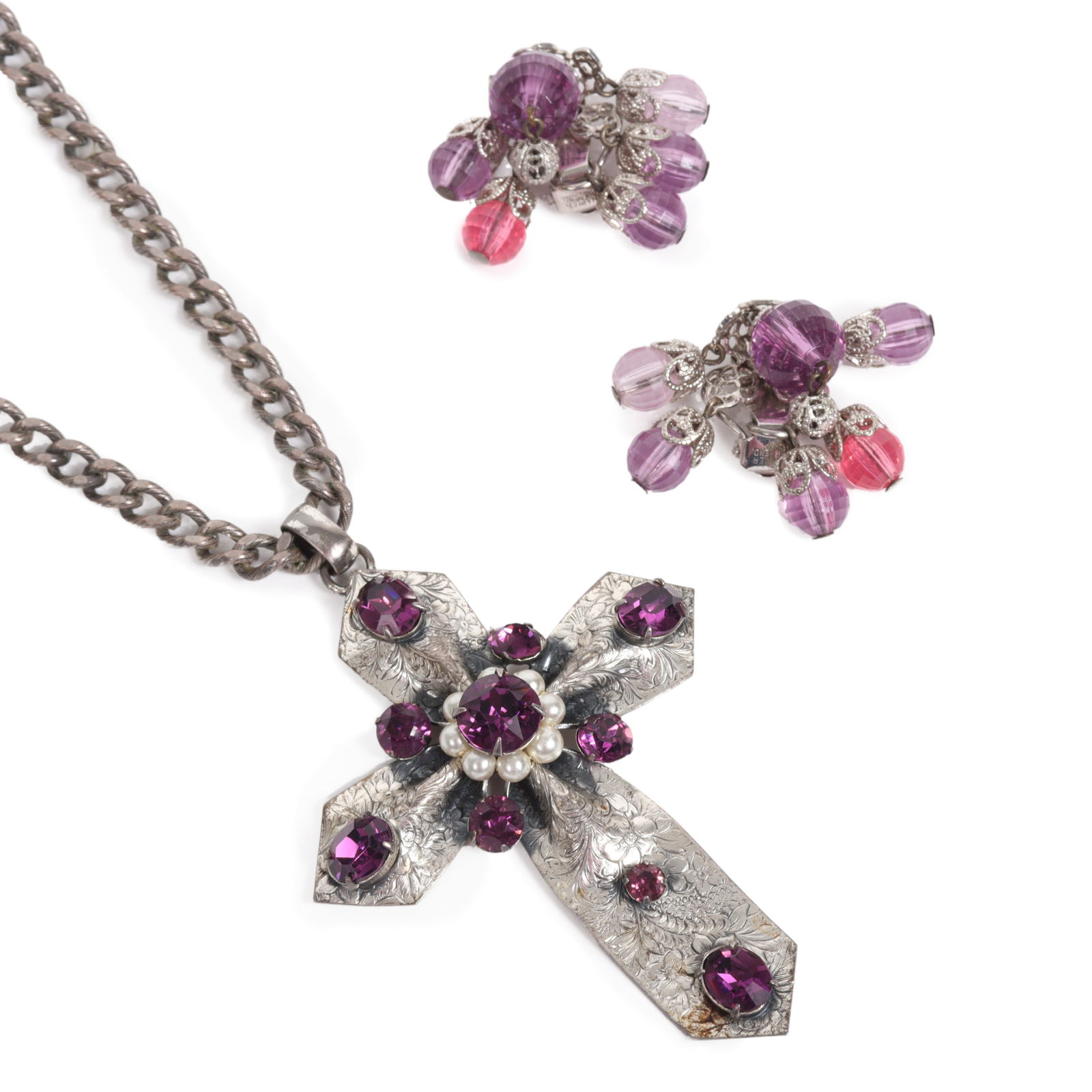 Napier 2pc group: large purple rhinestone cross necklace with purple and pink earrings. (1 of 8)