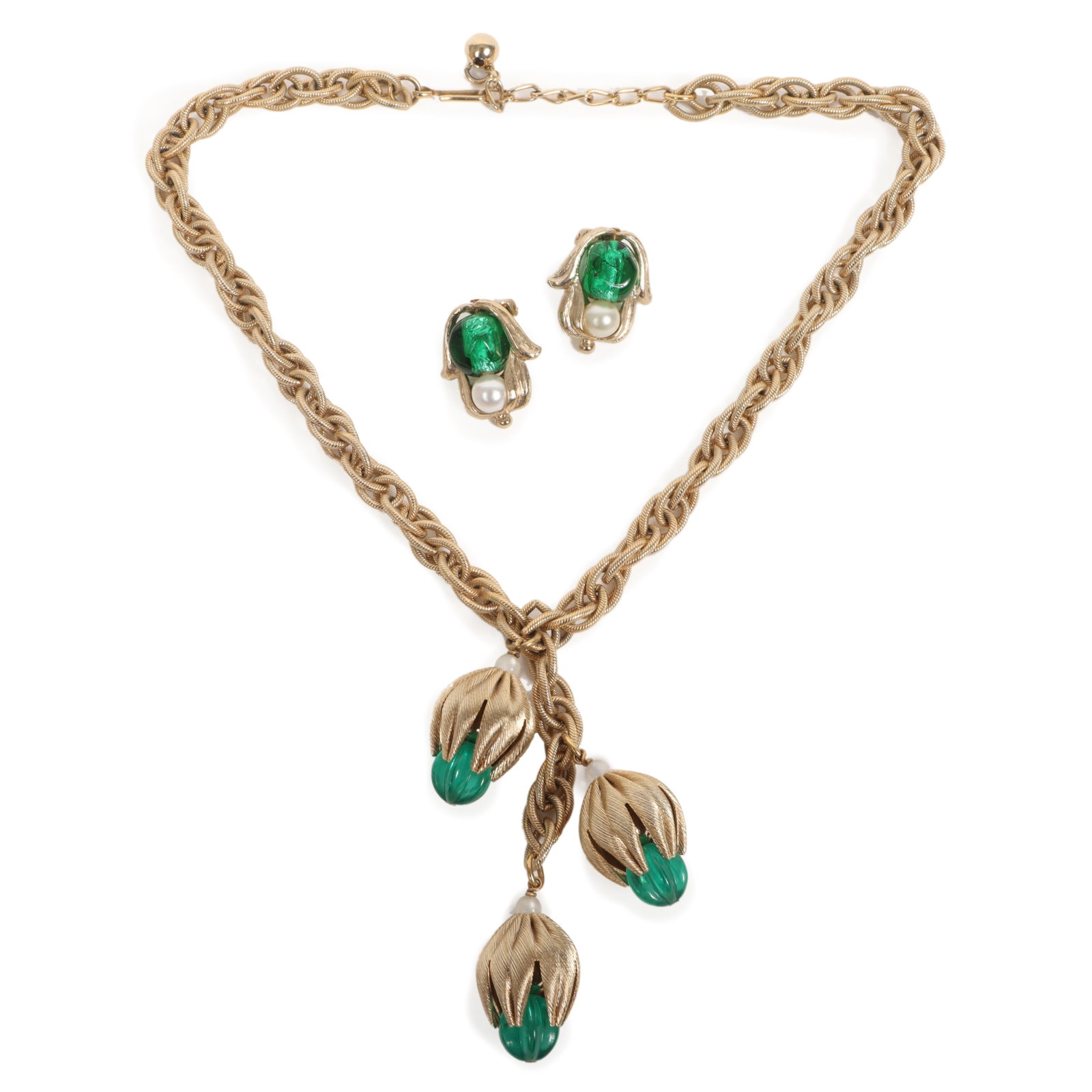 Napier matching glass and faux pearl necklace and earrings set.: Napier matching glass and faux pearl necklace and earrings set. Provenance: From the collection of Cheryl Killmer. 15 1/2"L x 3 1/4"Drop (necklace)