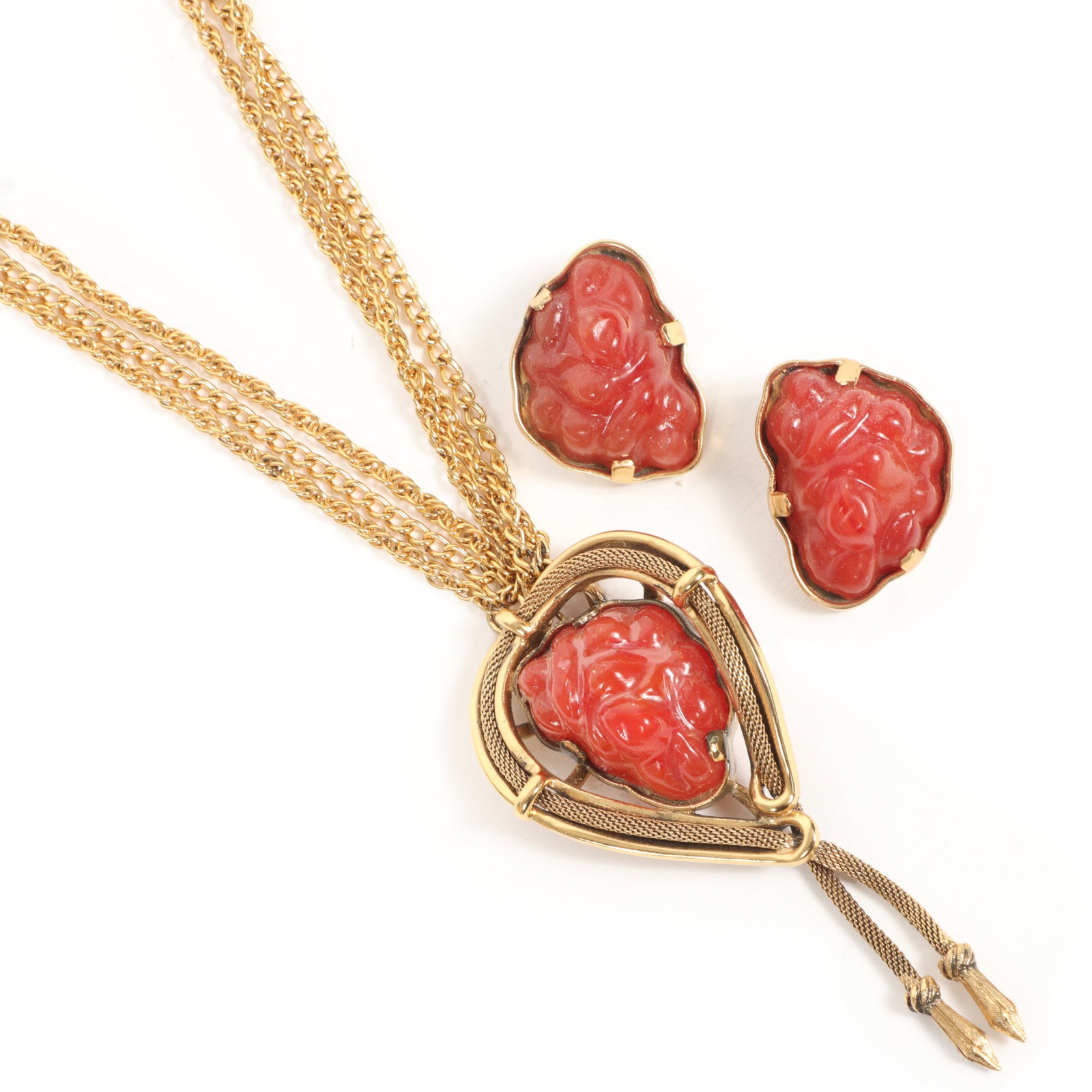 Tortolani dimensional glass necklace and earrings.: Tortolani dimensional glass necklace and earrings. Provenance: From the collection of Cheryl Killmer. 21 1/2"L x 4"W (necklace)
