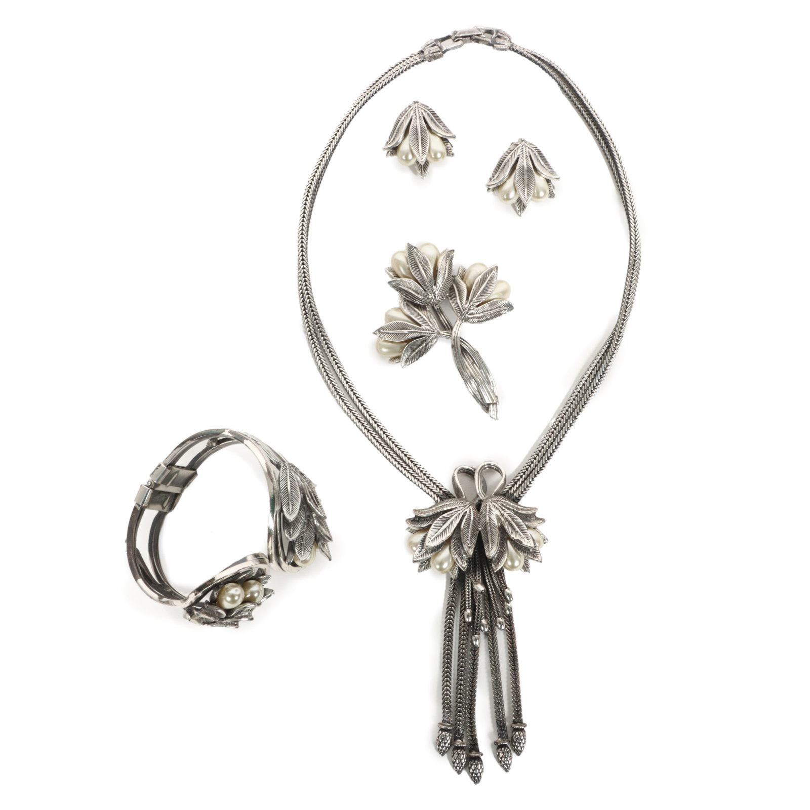 Tortolani matching set of necklace, clamper bracelet, brooch, and earrings.: Tortolani matching set of necklace, clamper bracelet, brooch, and earrings. Provenance: From the collection of Cheryl Killmer. 17"L x 4 1/2"Drop (necklace)