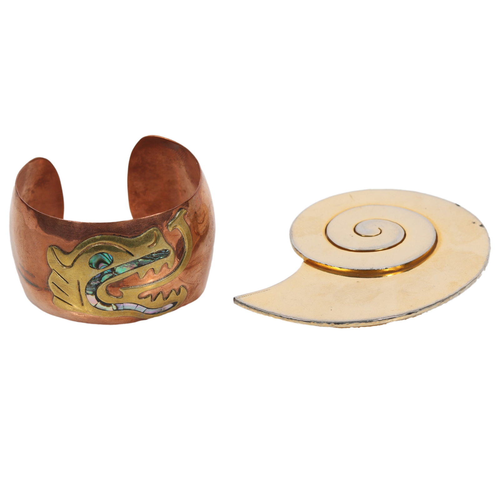 Modernist Copper cuff bracelet with inlaid abalone jaguar head design and nautilus spiral belt (1 of 8)