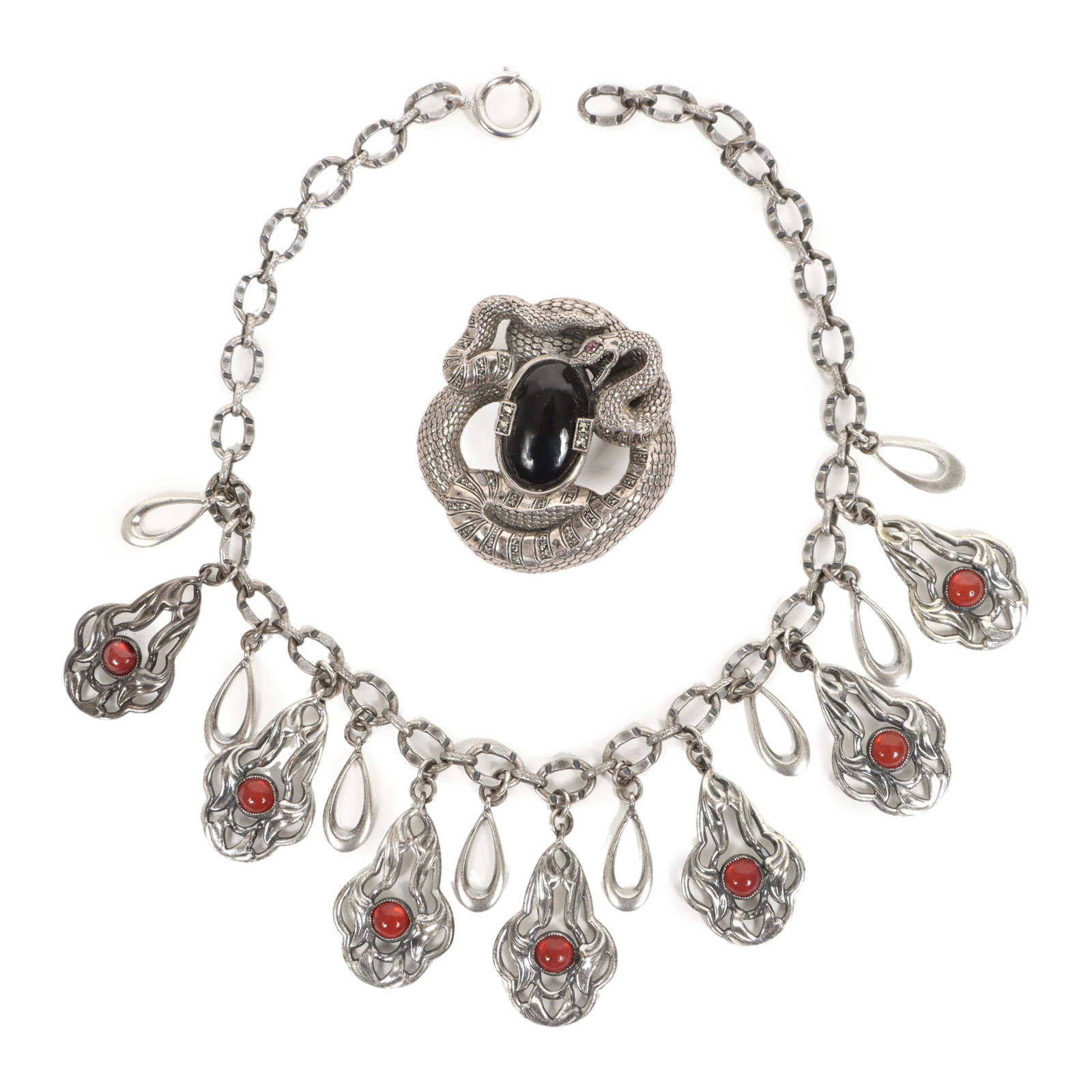 Sterling silver snake brooch with black glass cabochon and necklace with orange glass cabochons. (1 of 7)