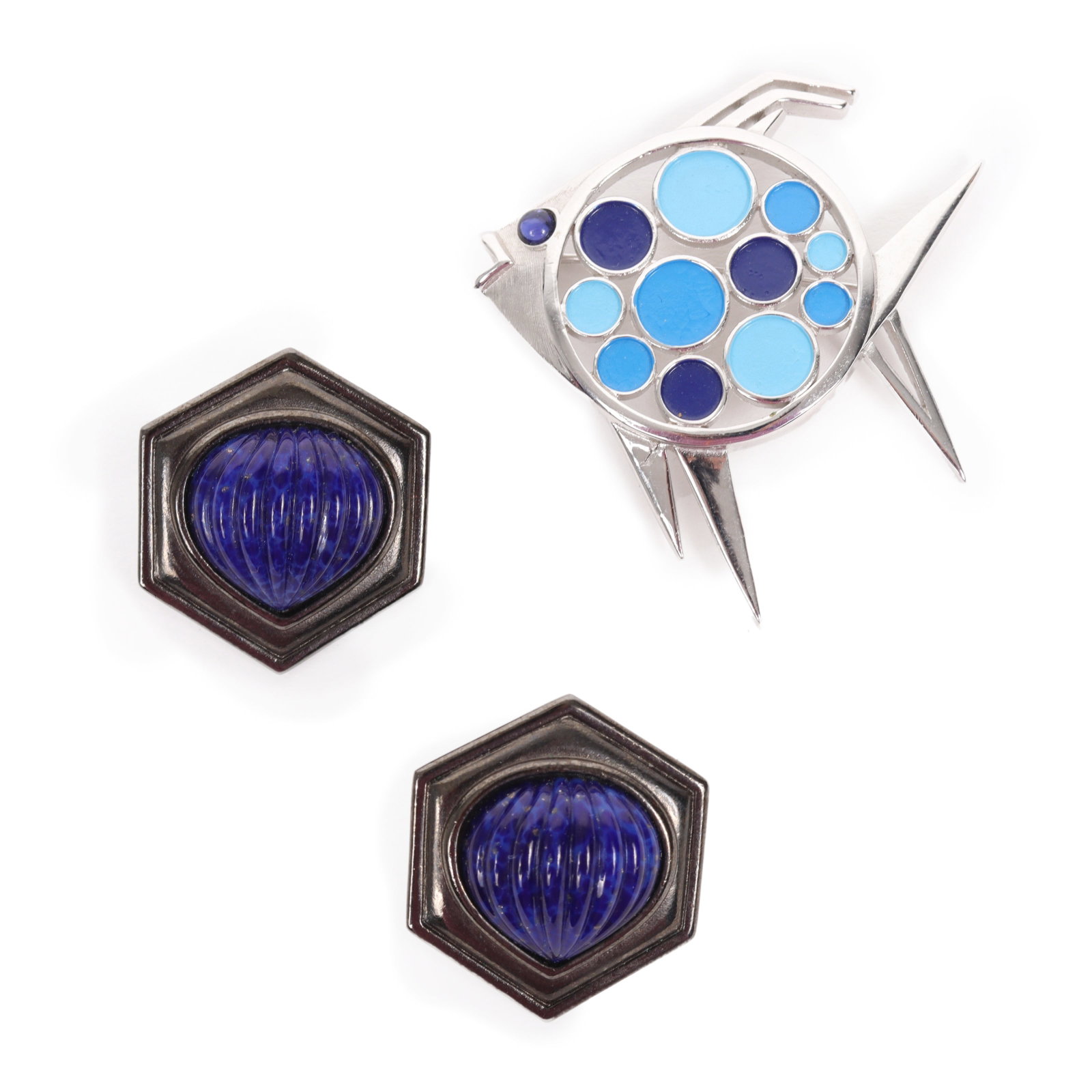 Trifari 1967 'Confetti Collection' Blue Polka Dot Fish Brooch with Yves Saint Laurent YSL cobalt: Trifari 1967 'Confetti Collection' Blue Polka Dot Fish Brooch with Yves Saint Laurent YSL cobalt blue glass earrings Provenance: From the collection of Cheryl Killmer. 2"H x 2"W (Brooch)