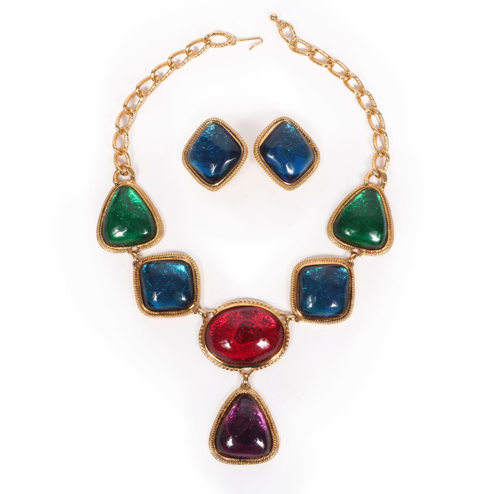 Kenneth J Lane KJL for Avon large gripoix glass cabochon necklace and matching earrings. (1 of 7)