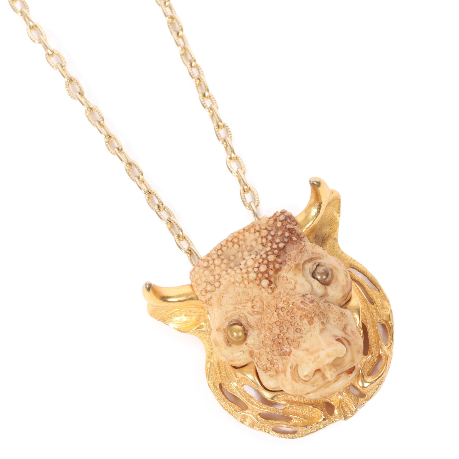 Luca Razza large carved dimensional bull zodiac themed taurus necklace.: Luca Razza large carved dimensional bull zodiac themed taurus necklace. Provenance: From the collection of Cheryl Killmer. 19"L x 2 1/4"Drop