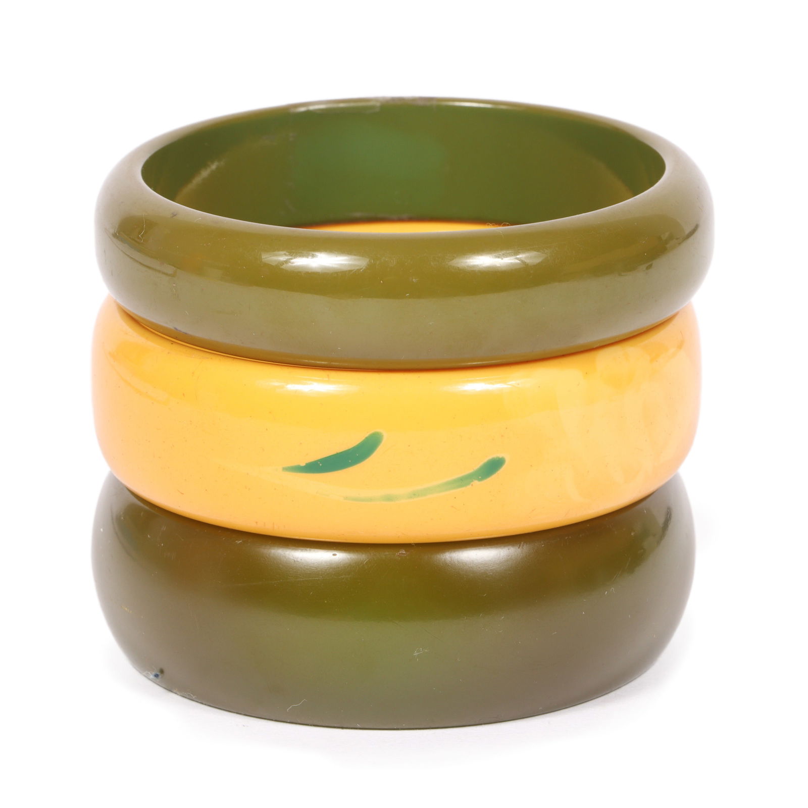 3pc. cream and green Bakelite bangle bracelet group. (1 of 4)