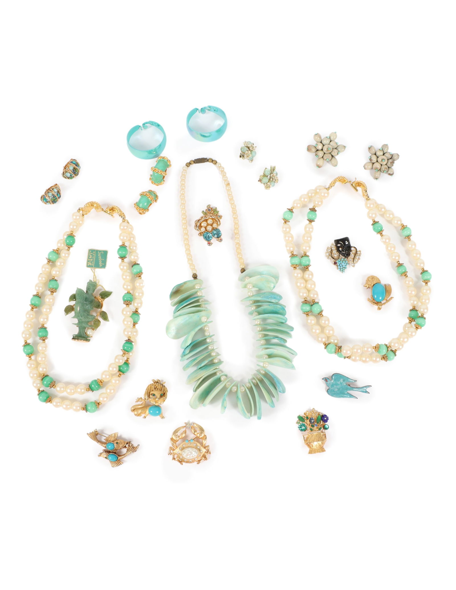 Vintage costume jewelry group with Mimi Di N necklaces and earrings, zodiac brooches,Swobada jade (1 of 9)