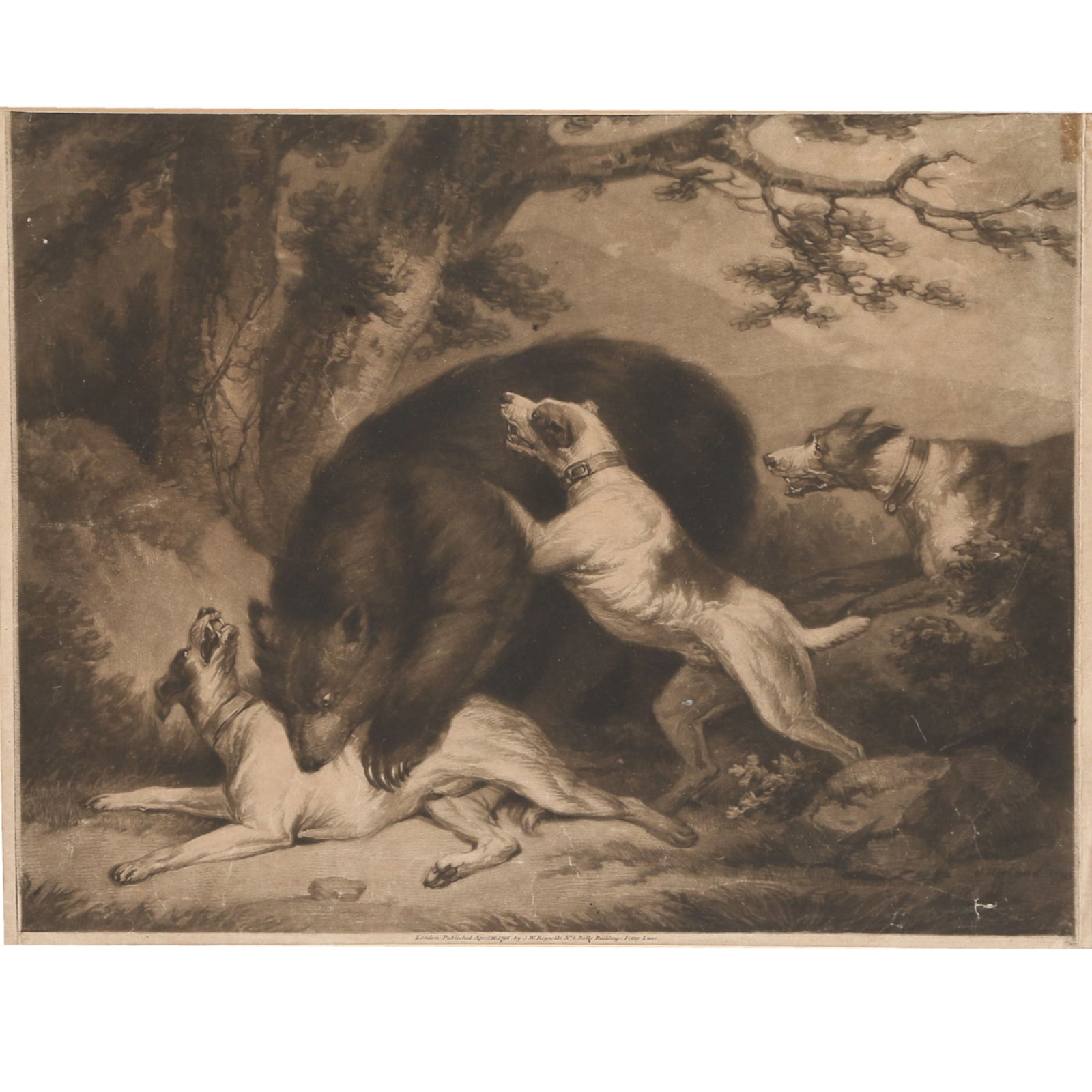 Samuel William Reynolds, British (1773-1835), A Bear Hunt, 1796, mezzotint engraving, 13 3/4"H x: Samuel William Reynolds British (1773-1835) A Bear Hunt, 1796 mezzotint engraving Signed, dated, and titled in the plate. Designed by George Morland (English, 1763 - 1804). Some toning, 13 3/4"H x 16"