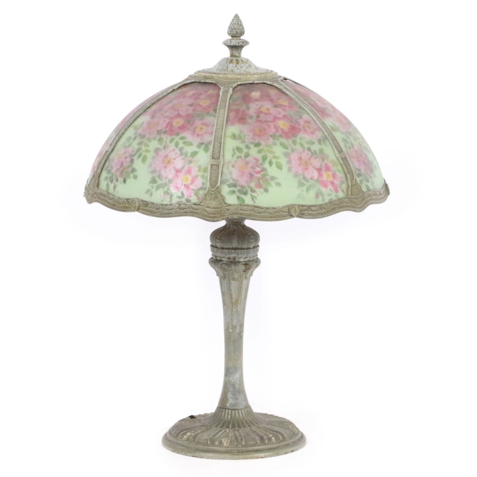 Antique Rainaud reverse painted glass floral panel shade table lamp, patinated white metal. 22 3/4"H: Antique Rainaud reverse painted glass floral panel shade table lamp, patinated white metal. 22 3/4"H x 16"Diam.