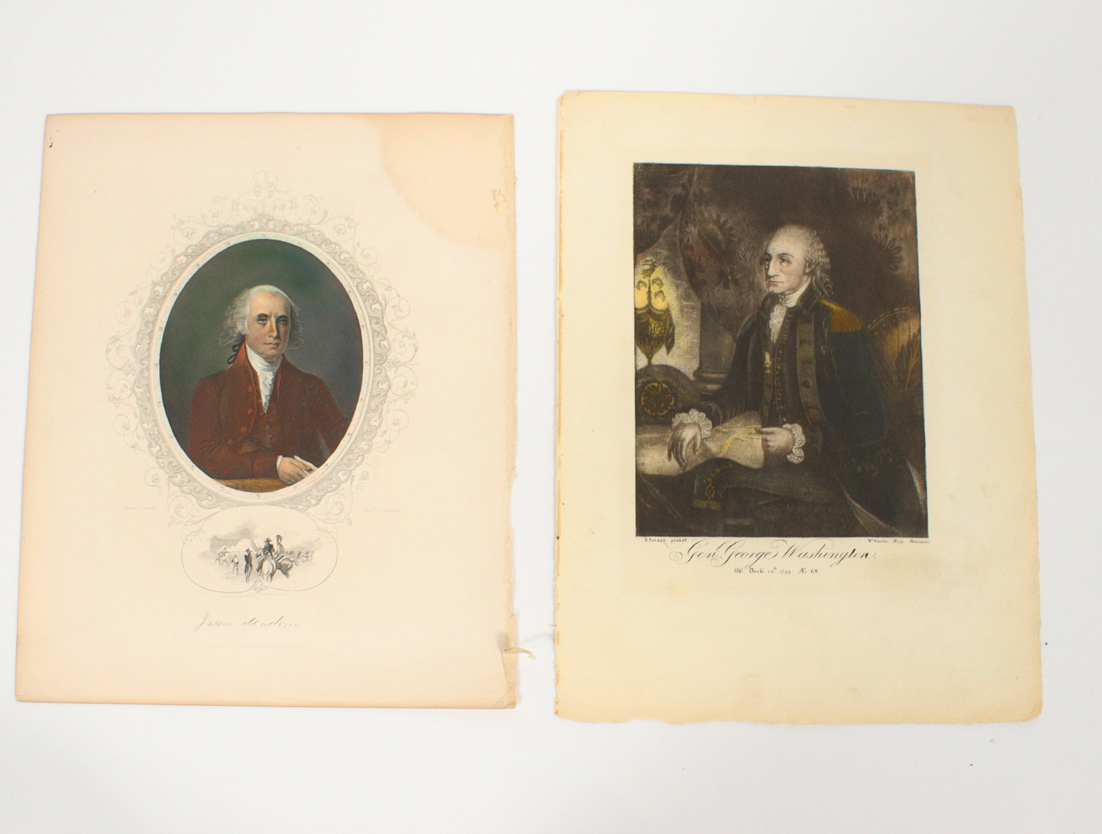 Two 19th c. prints with portraits of Washington and Madison 12" H x 9" W: Two 19th c. prints with portraits of Washington and Madison "Gen. George Washington" (around 1800-1804); mezzotint by William Hamlin (1772-1869) after Edward Savage. "James Madison"color engraving by