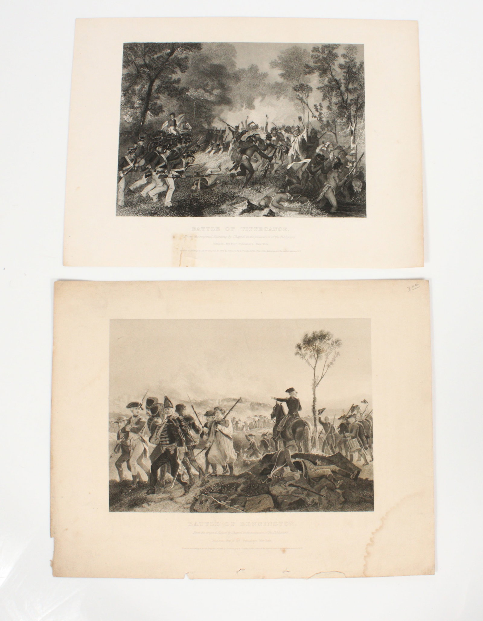Two 19th c. prints representing battles from the American history 11" W x 8 1/2" H: Two 19th c. prints representing battles from the American history "Battle of Tippecanoe", steel engraving after a painting by Chappel and published by Johnson, Fry & Co. (NY); repaired tear (lower mar