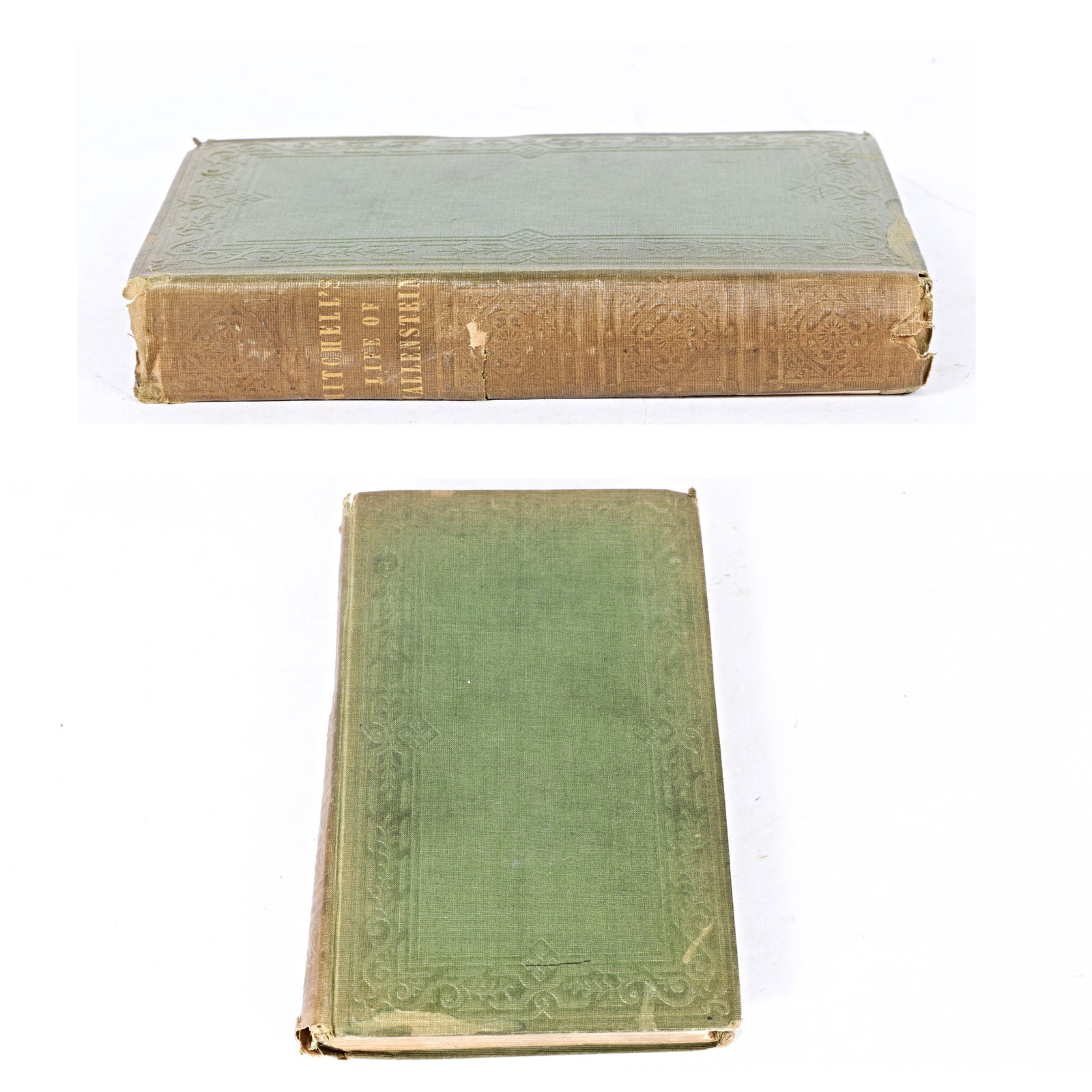 Mitchell's Life of Wallenstein, Lieut. Colonel J. Mitchell, James Fraser, London, 1840 8"H x 5"W x: Mitchell's Life of Wallenstein, Lieut. Colonel J. Mitchell, James Fraser, London, 1840 articulated and embossed green and gold cover, some wear and discoloring on spine. 8"H x 5"W x 1"D