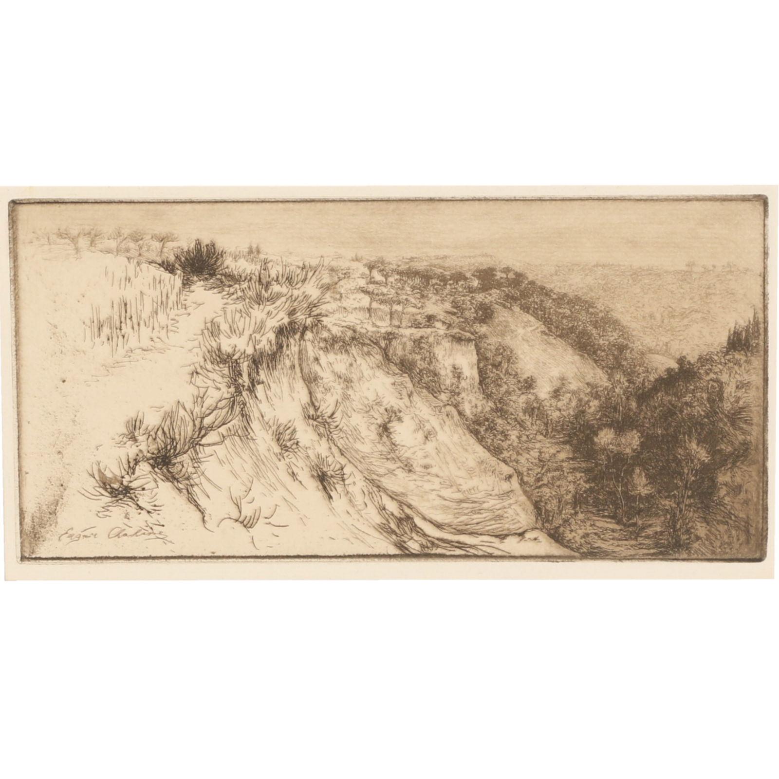 Edgar Chahine, Austrian (1874 - 1947), The Fertile Valley near Mount Oliveto Maggiore, 1906, etching: Edgar Chahine Austrian (1874 - 1947) The Fertile Valley near Mount Oliveto Maggiore, 1906 etching on papier verge Signed in the plate lower left. Some toning outside the plate. Biography from the Arch