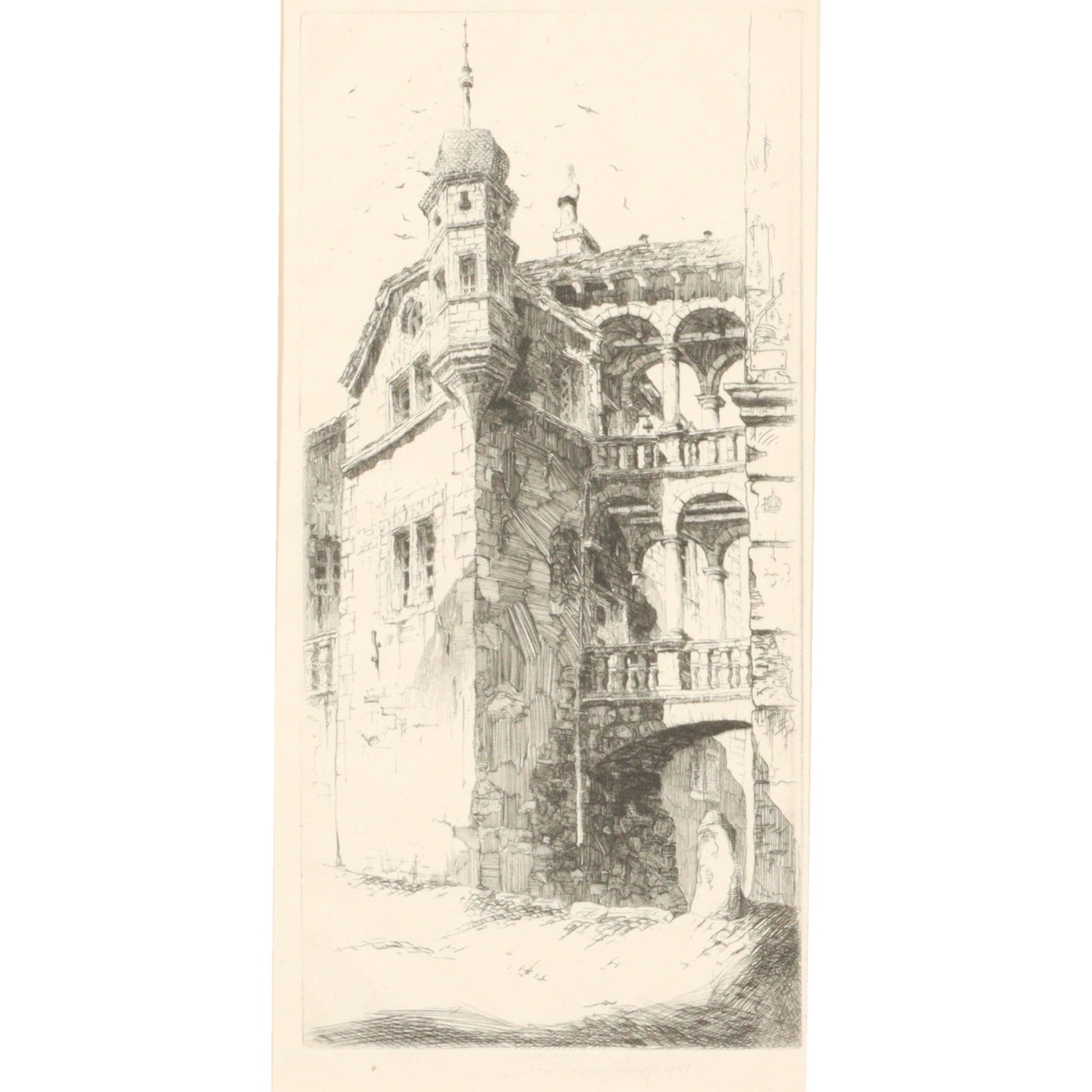 John Taylor Arms, American (1887 - 1953), Chateau Stockalper, 1907, etching, 10 7/8"H x 5 1/4"W: John Taylor Arms American (1887 - 1953) Chateau Stockalper, 1907 etching Pencil signed and dated lower center. Biography from the Archives of askART: One of the more famous printmaker of the early 20t