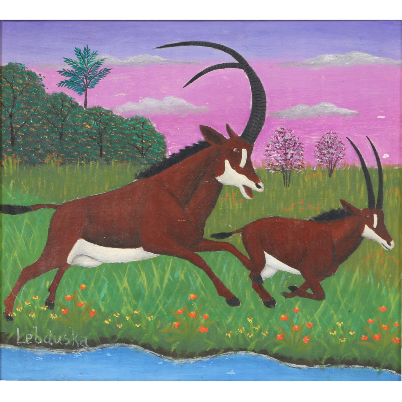 Lawrence Lebduska, New York, Maryland / Germany (1894-1966), two leaping antelope, oil on board, 8: Lawrence Lebduska New York, Maryland / Germany (1894-1966) two leaping antelope oil on board Signed lower left. Biography from the Archives of askArt: Born in Baltimore, Maryland to a Bohemian family,