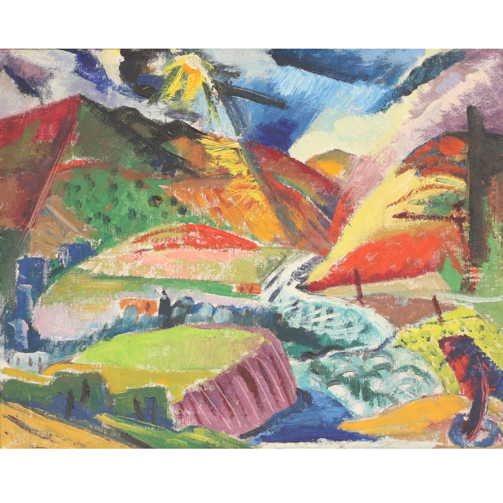 Beulah (Elsie Sloan) Stevenson, New York. (1890/97 - 1965), Looking Towards Canyon Road, 1948, oil: Beulah (Elsie Sloan) Stevenson New York. (1890/97 - 1965) Looking Towards Canyon Road, 1948 oil on board Titled verso. Biography from Butler Institute of American Art: Beulah Stevenson was born 1895 i