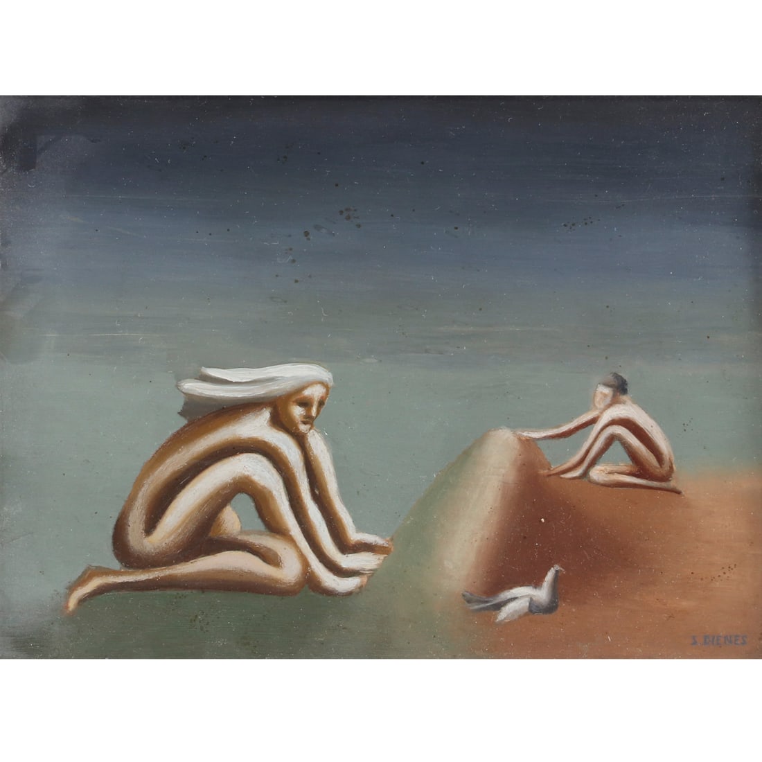 Sari Dienes, Hungary / New York (1899-1992), Bird Catching, ca.1940s, oil on canvas board, 8 3/4" x: Sari Dienes Hungary / New York (1899-1992) Bird Catching, ca.1940s oil on canvas board Signed lower right. Biography from the archives of AskArt: Multi-media artist Sari Dienes was born Sari Chylinska