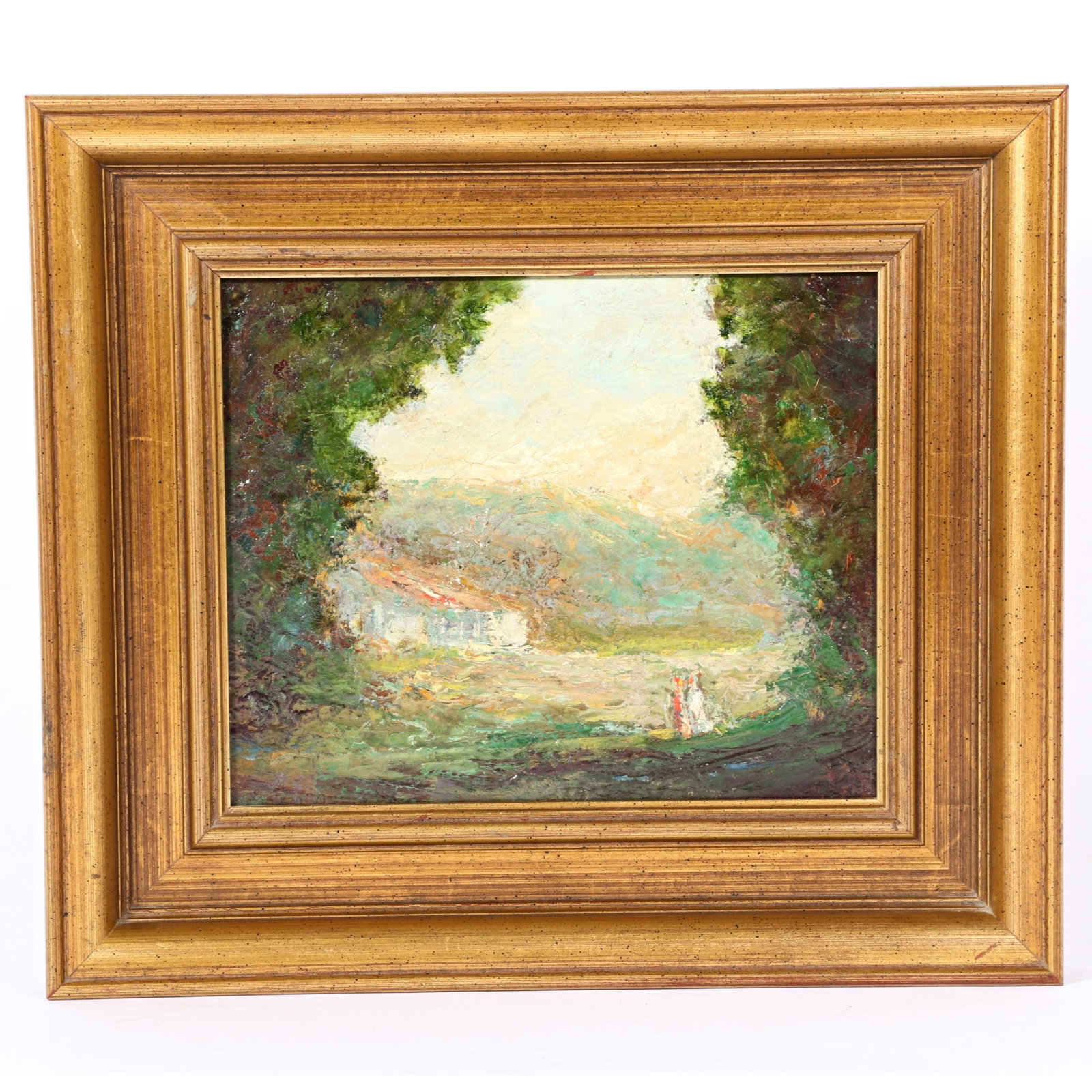 Evelynne Mess Daily, Indiana (1903-2003), landscape, oil on board, 8 3/4"H x 10 3/4"W, 14 1/2"H x 16: Evelynne Mess Daily Indiana (1903-2003) landscape oil on board Signed lower left. Artist's name and address verso. Biography from the Archives of askART: Active in Indianapolis, Indiana art circles in